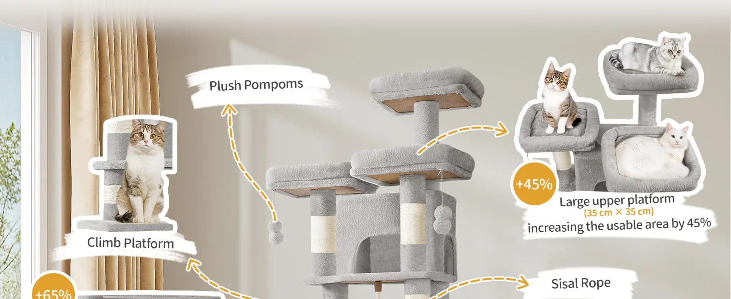 XL Kattenboom 176 cm – Krabpaal met 3 Plateaus, 2 Huisjes & Hangmat – Stevige Kattenkrabpaal voor Meerdere Katten