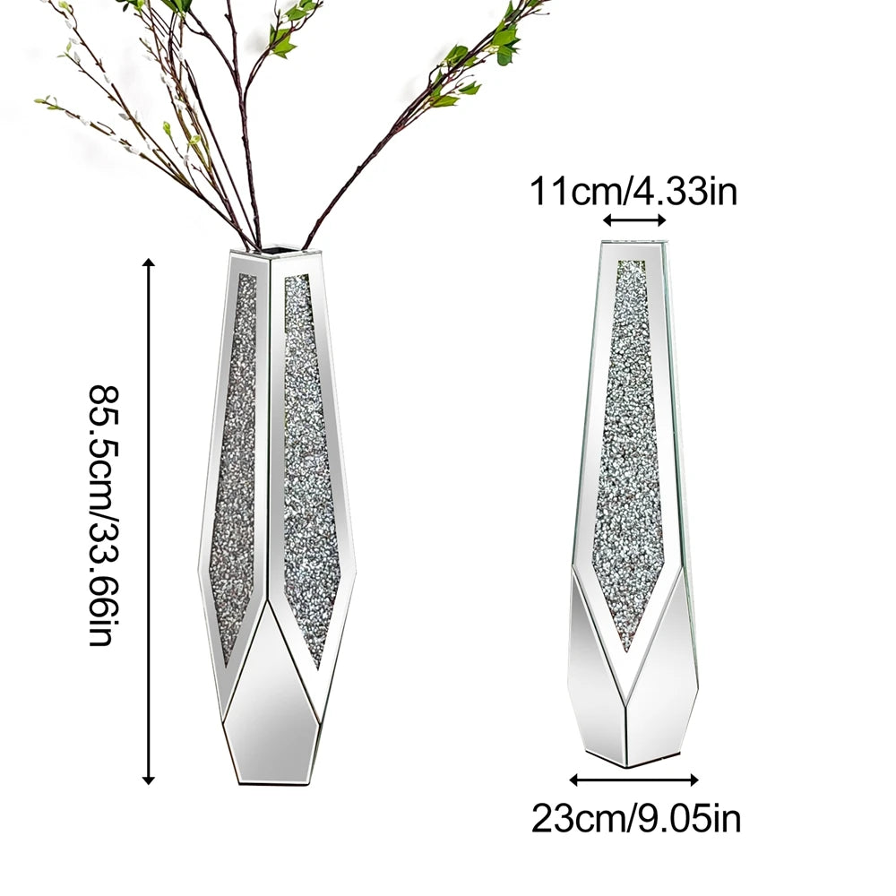 Grote Crushed Diamond Vloervaas – Luxe Spiegel Vaas met Kristal Effect – Moderne Zilveren Bloemenvaas 85 cm
