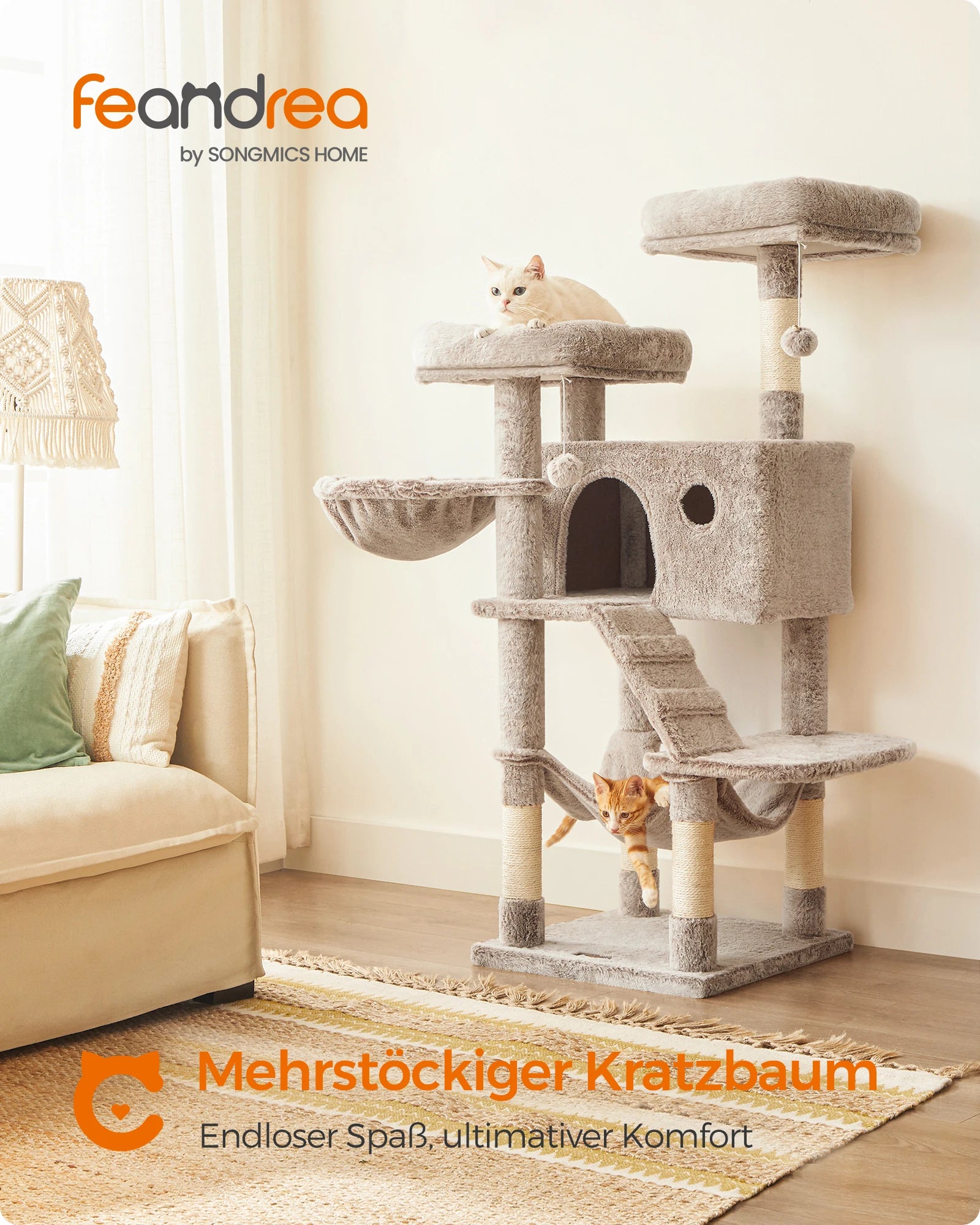 Grote Krabpaal voor Katten 135 cm – Luxe Kattenboom met Zachte Pluche, Hangmat en Huisje – Stevig en Stabiel Design