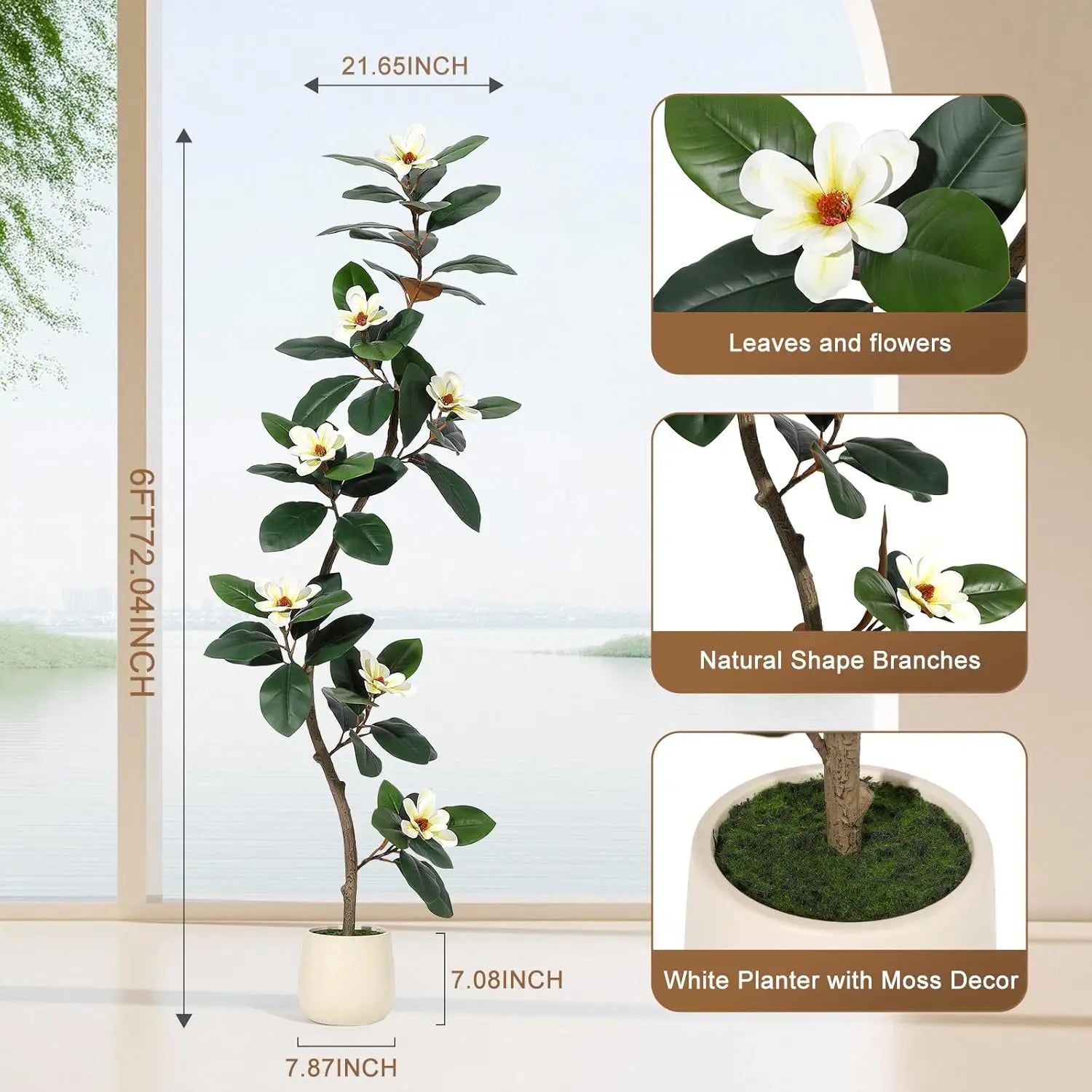 Kunstmatige Rubberboom met Magnoliabloemen – S-vormige Nepplant in Witte Pot voor Binnen, Realistische Kunstplant Groot Formaat