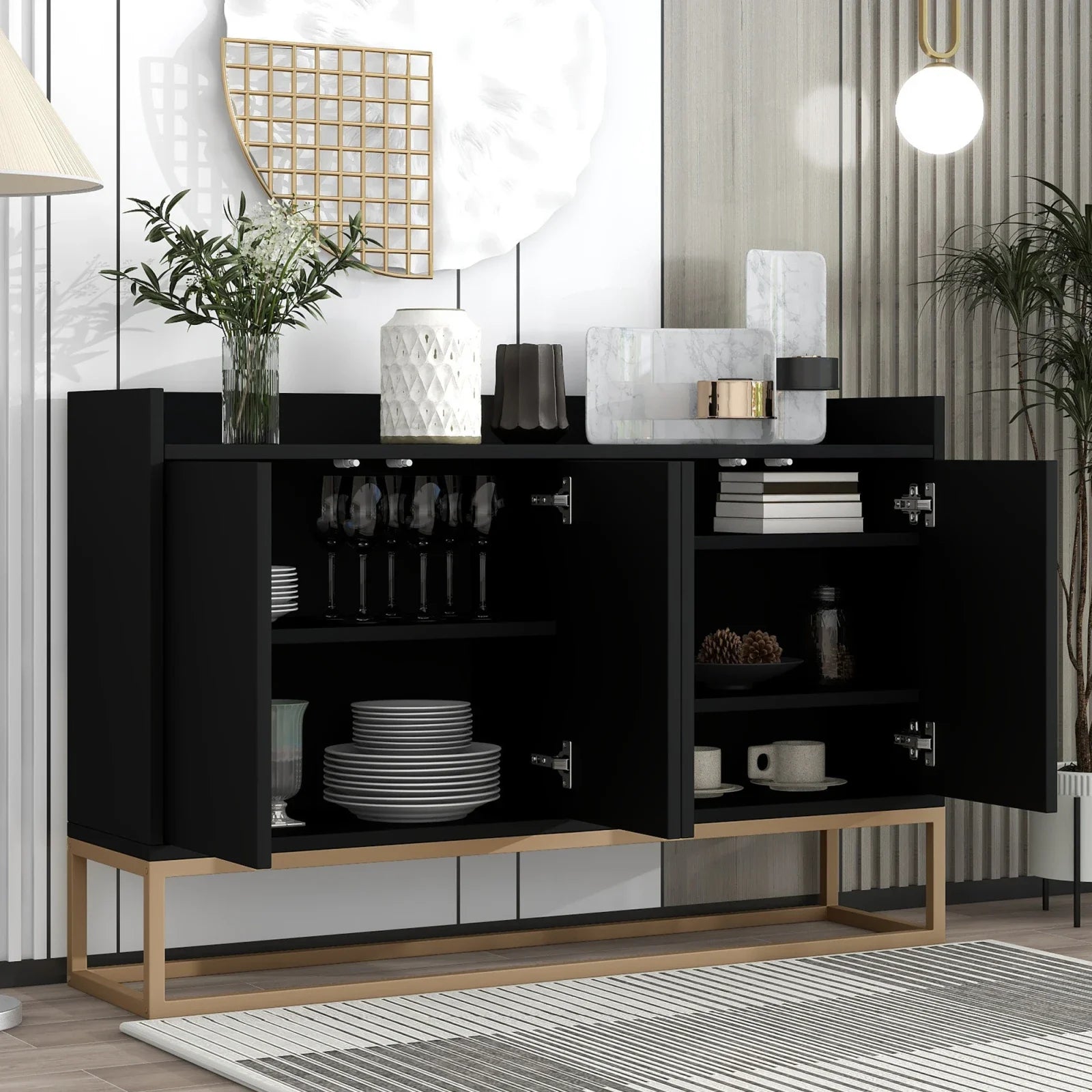 Minimalistische Dressoirkast 4 Deuren met Slot – Opbergkast Metaal & MDF – Moderne Buffetkast voor Woonkamer en Eetkamer