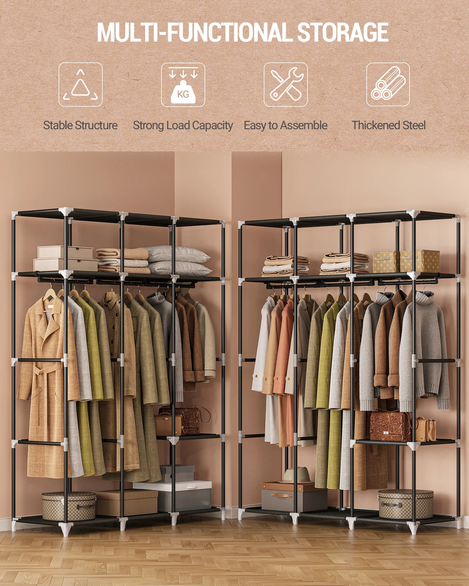 Vrijstaande stoffen kledingkast 130 cm – 3 hangstangen & 9 vakken – garderoberek organizer voor slaapkamer & thuisopslag