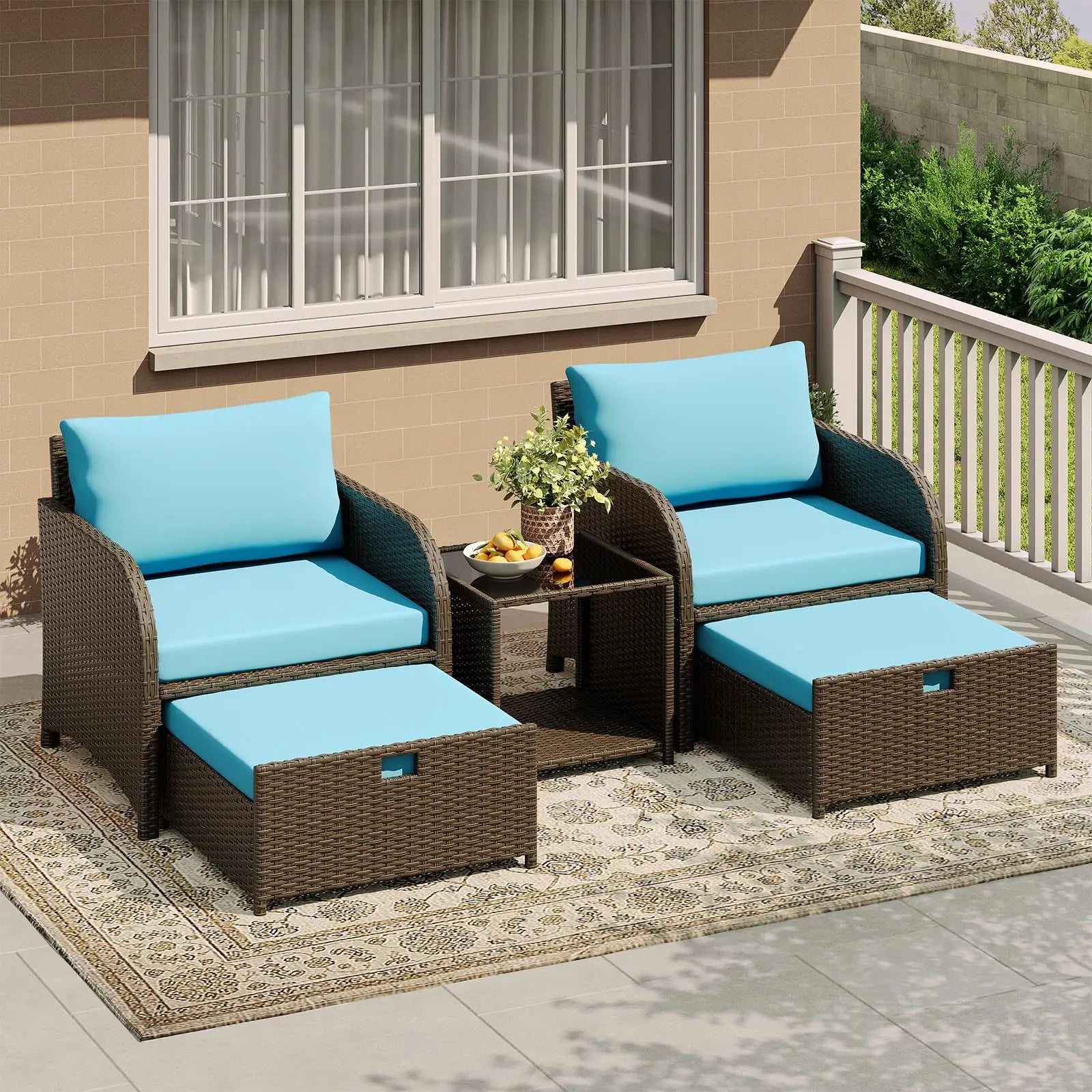 5-Delige Rotan Loungeset met Voetenbanken & Glazen Tafel – Tuinset voor Balkon, Terras & Tuin