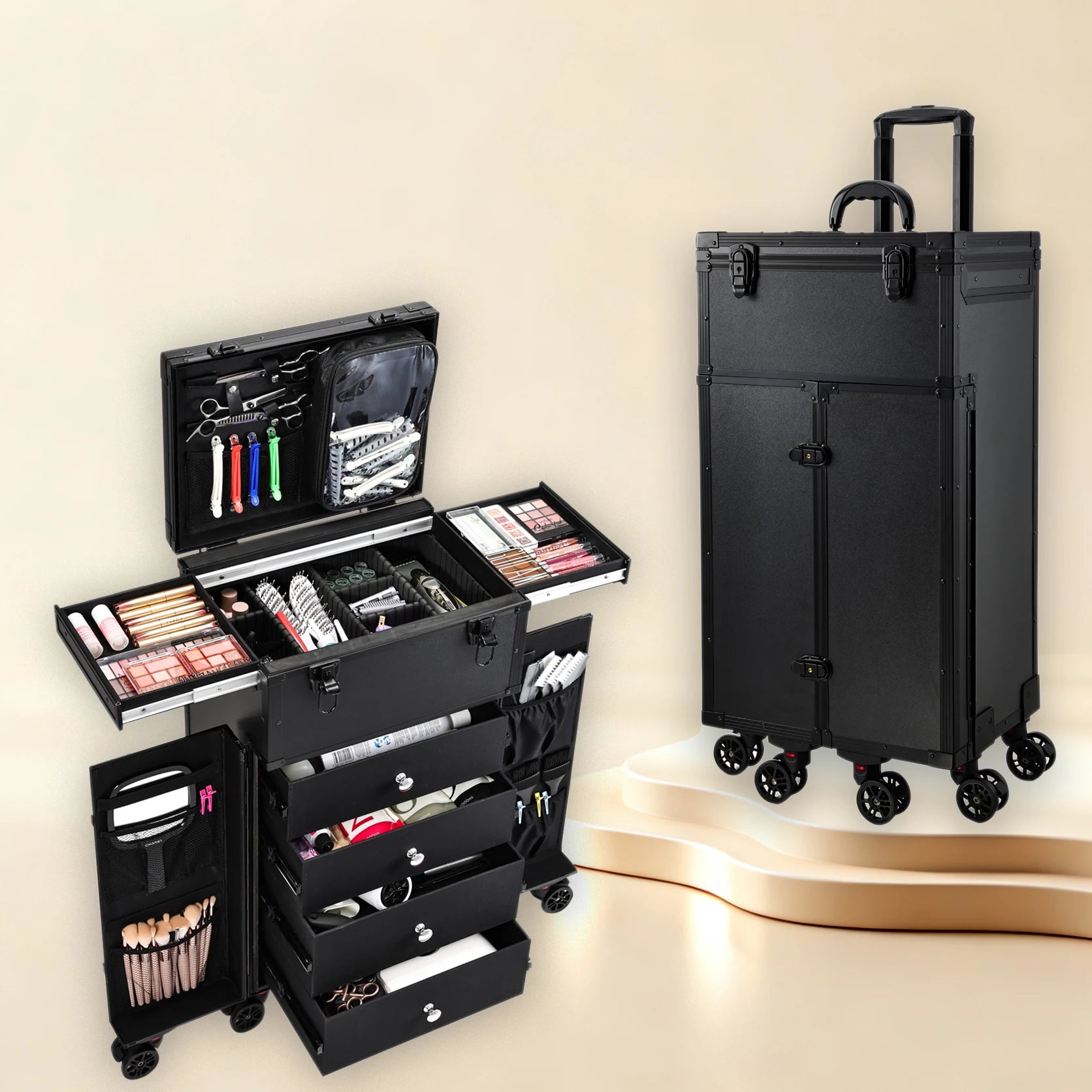 Professionele Make-up Koffer 4 Lades – Reiskoffer voor Cosmetica en Haarstyling – Trolley met Organizers en Waterdichte Behuizing