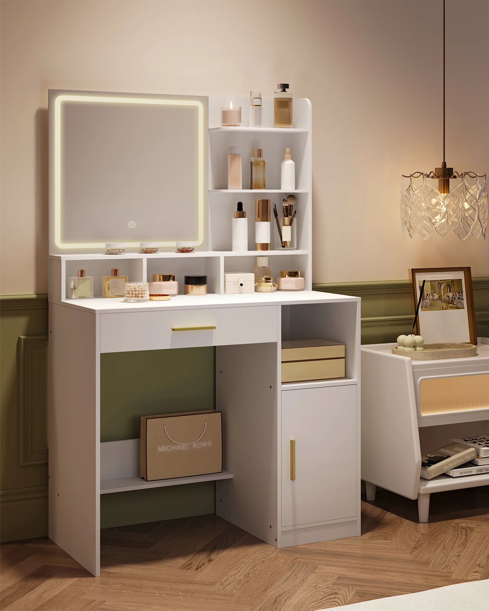 Kaptafel met Spiegel en LED Verlichting – Moderne Make-up Tafel met Lades, Opbergruimte en Kast – Witte Dressing Table met Verstelbaar Licht