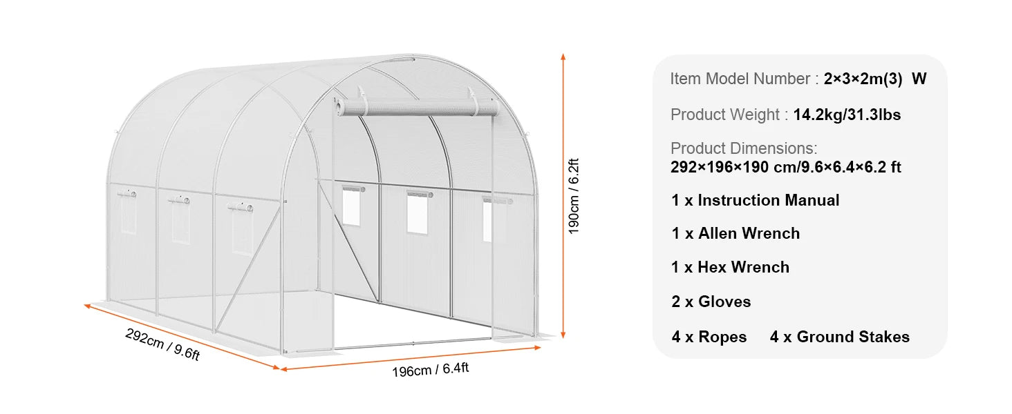 Wandelbare Tunnelkas met Stalen Frame 345×195×192 cm – Grote Inloop Tuinkas met PE Afdekking, Ritsdeur en Ventilatieramen