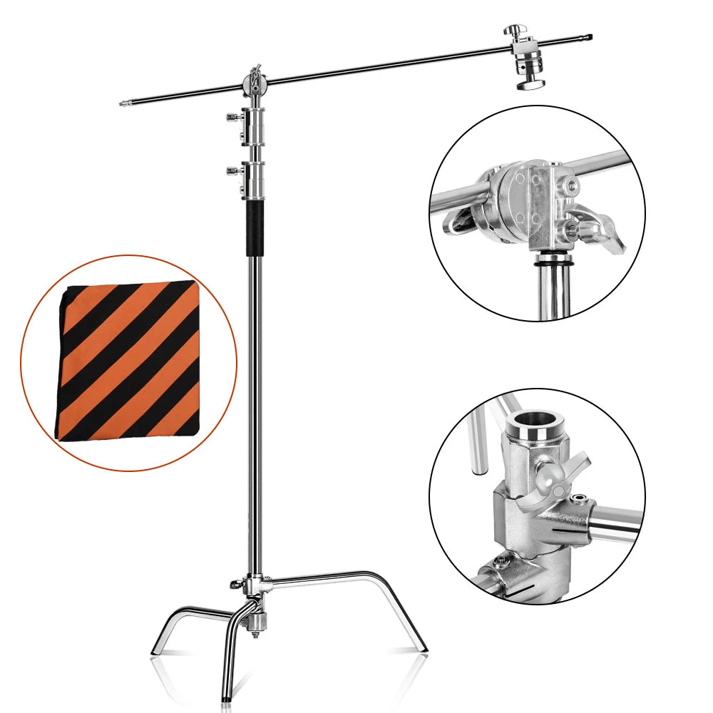 Opvouwbaar RVS Lichtstatief 2,6M – Professioneel Driepoot C-Stand Statief met Dwarsbalk en Klemmen voor Fotografie en Studioverlichting