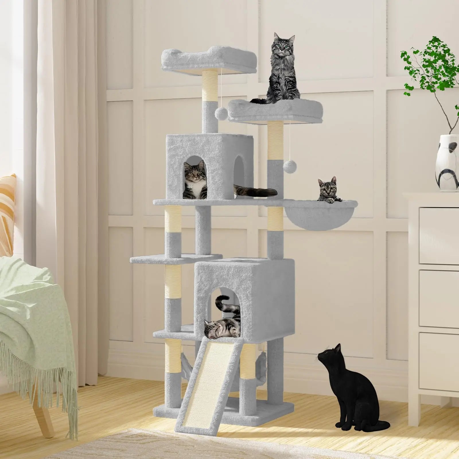 Katten Krabpaal 158 cm – Grote Kattenboom met 2 Huisjes, 2 Hangmatten & 7 Sisal Krabpalen – Luxe Klimtoren voor Binnenkatten