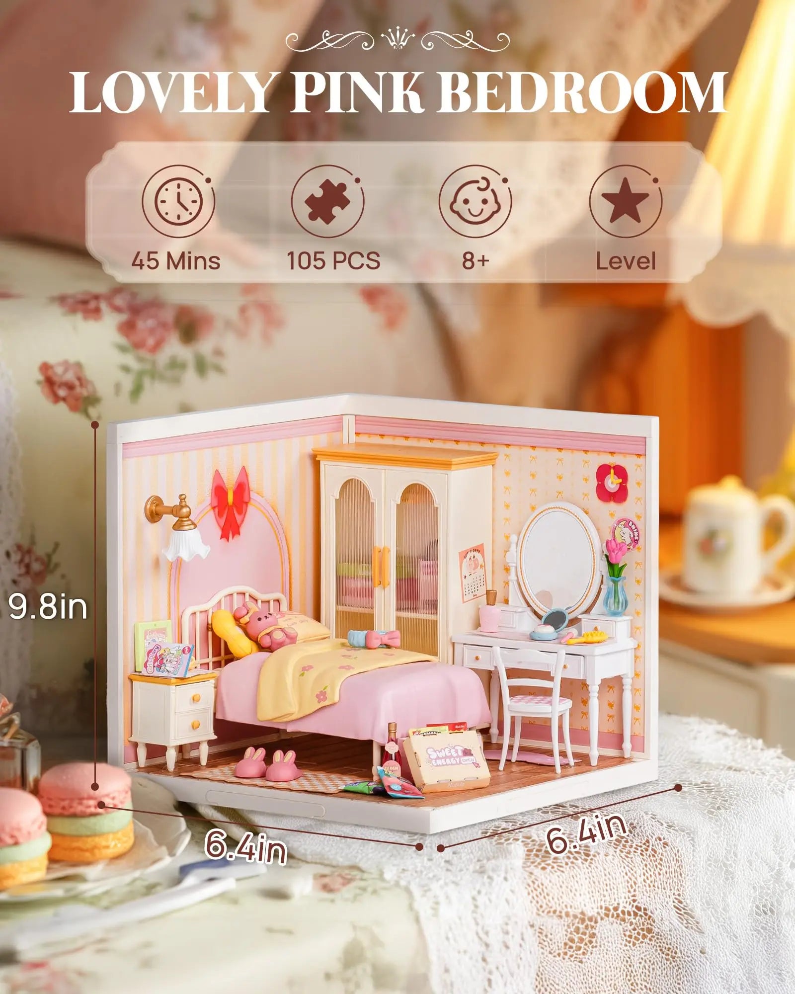 3D Puzzel Miniatuur Roze Slaapkamer – DIY Bouwset voor Creatieve Hobbyisten en Poppenhuisfans