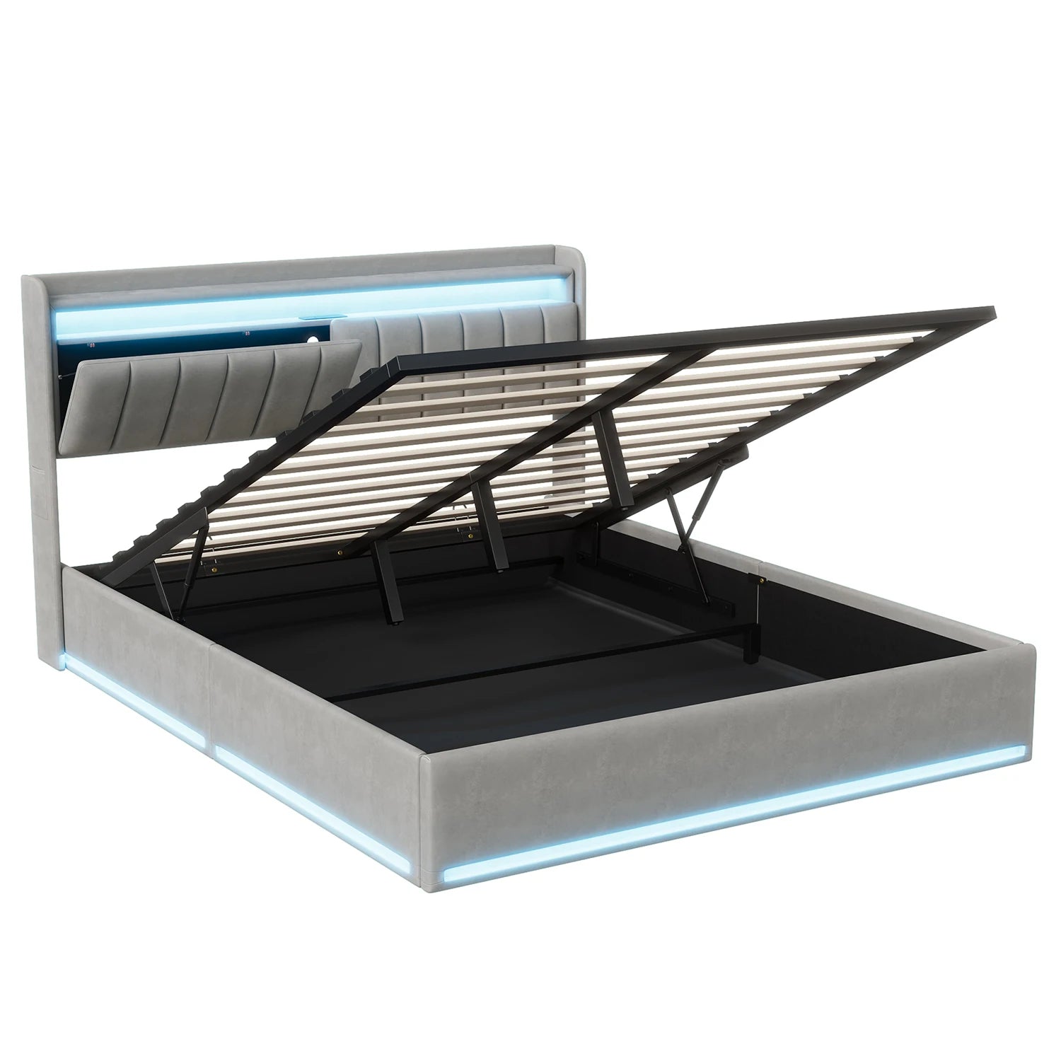Tweepersoonsbed met geïntegreerde LED‑verlichting, USB‑oplaadfuncties en opbergruimte – Modern en functioneel bedframe