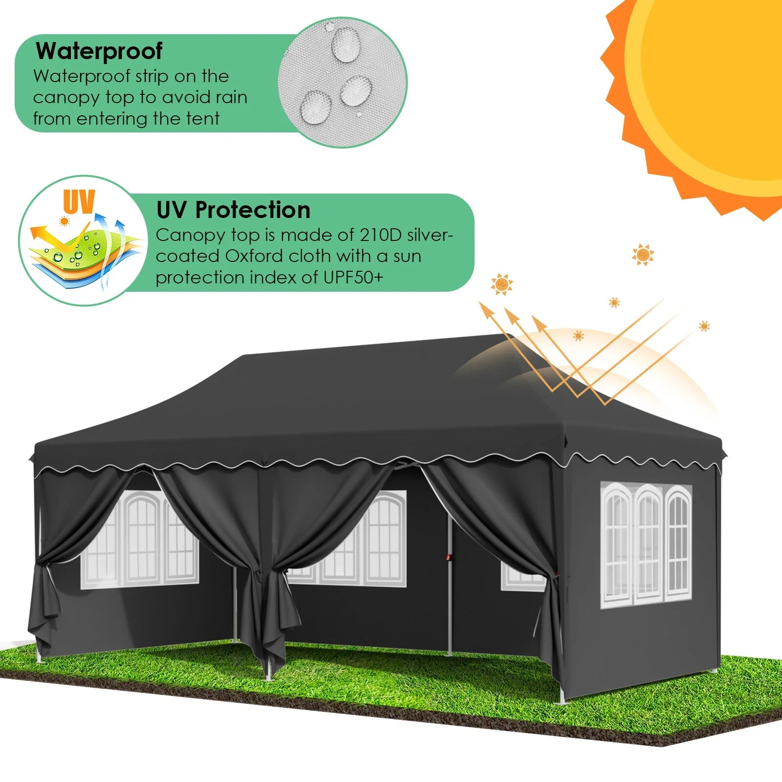 Pop-up Partytent 3x6 m Waterdicht met 6 Zijwanden – Easy Up Feesttent met UV50+ Bescherming voor Tuin & Evenementen