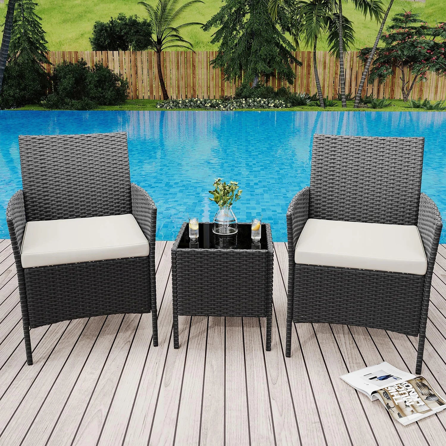 3-Delige Rotan Bistroset met Kussens – 2 Tuinstoelen & Glazen Salontafel – Tuinset voor Tuin, Terras & Veranda