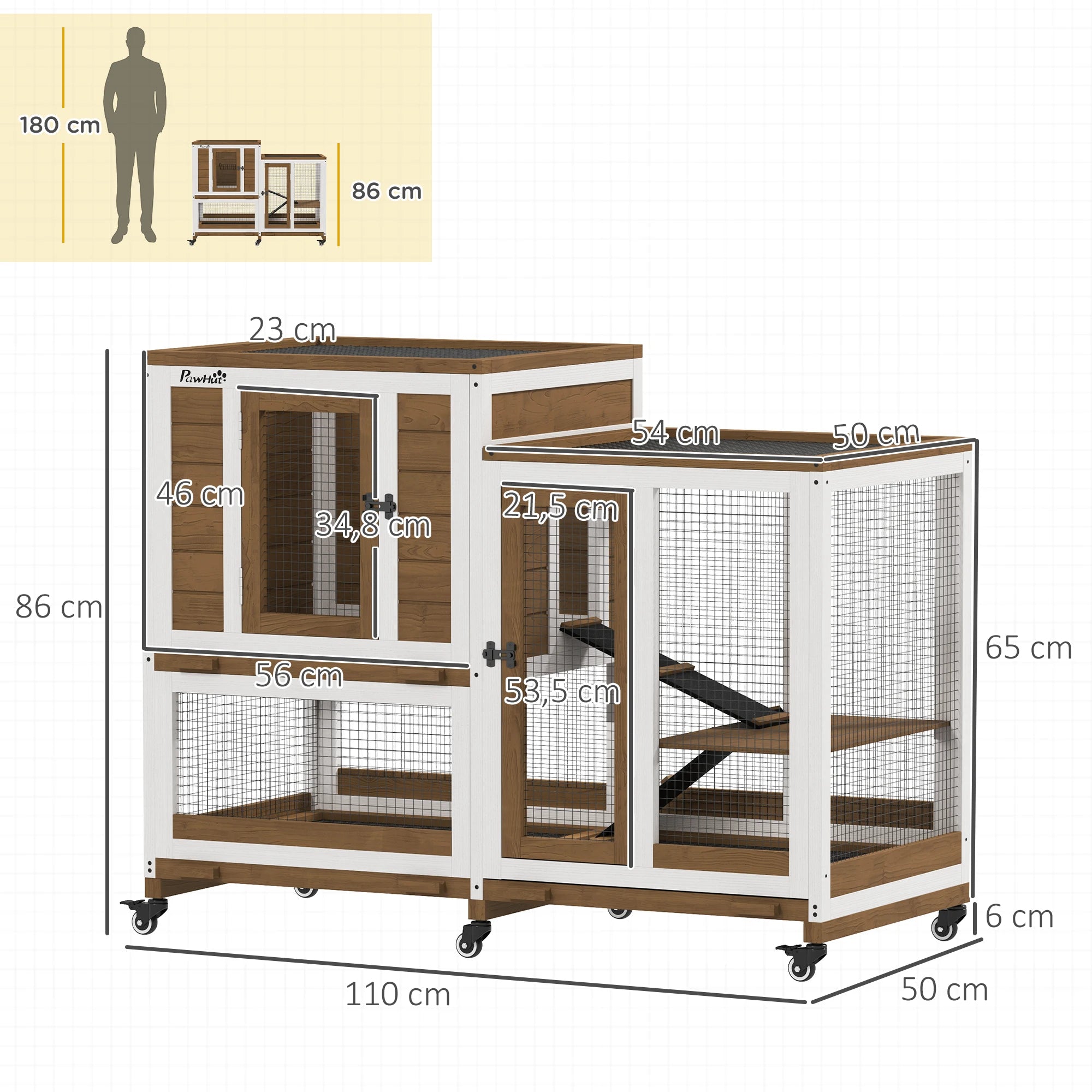 Houten Konijnenhok Binnen met Wielen 110x50x86 cm – Ruim Dierenverblijf met Lade & Helling voor Konijnen en Knaagdieren