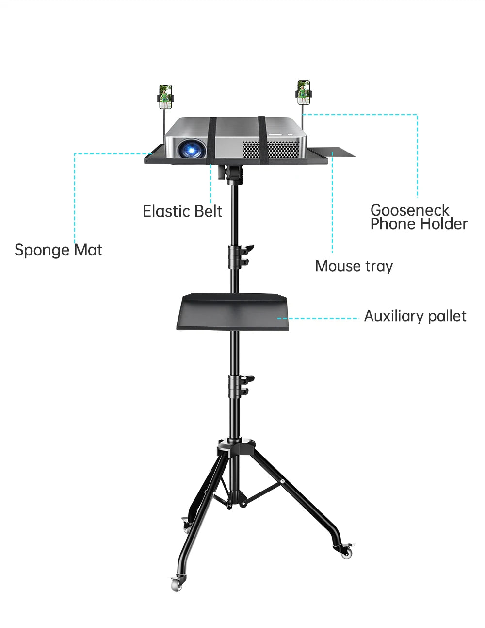 Verstelbaar Projector- en Laptopstatief 145 cm – Mobiel Statief met Wielen voor Camera, Laptop en Projector – Opvouwbaar en Draagbaar