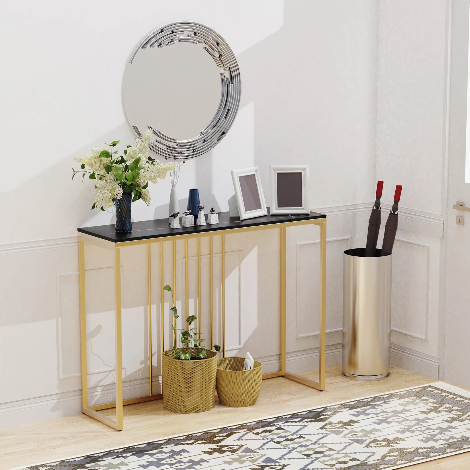 Moderne Marmeren Sidetable met Goud Frame – Smalle Console Tafel voor Hal, Entree en Woonkamer