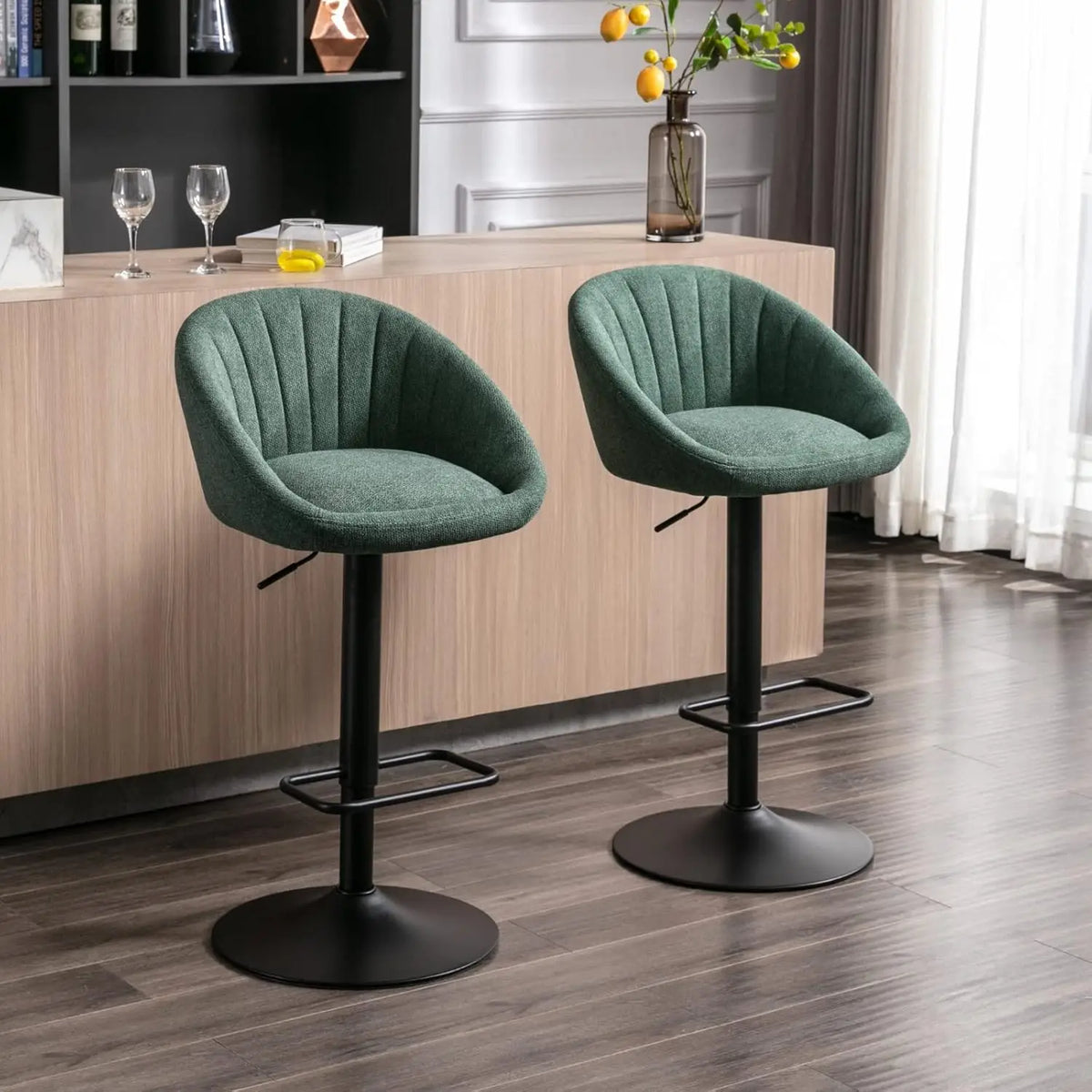 Set van 2 Barstoelen – Draaibare Barkrukken met Rugleuning, Verstelbare Hoogte & Voetensteun – Groen