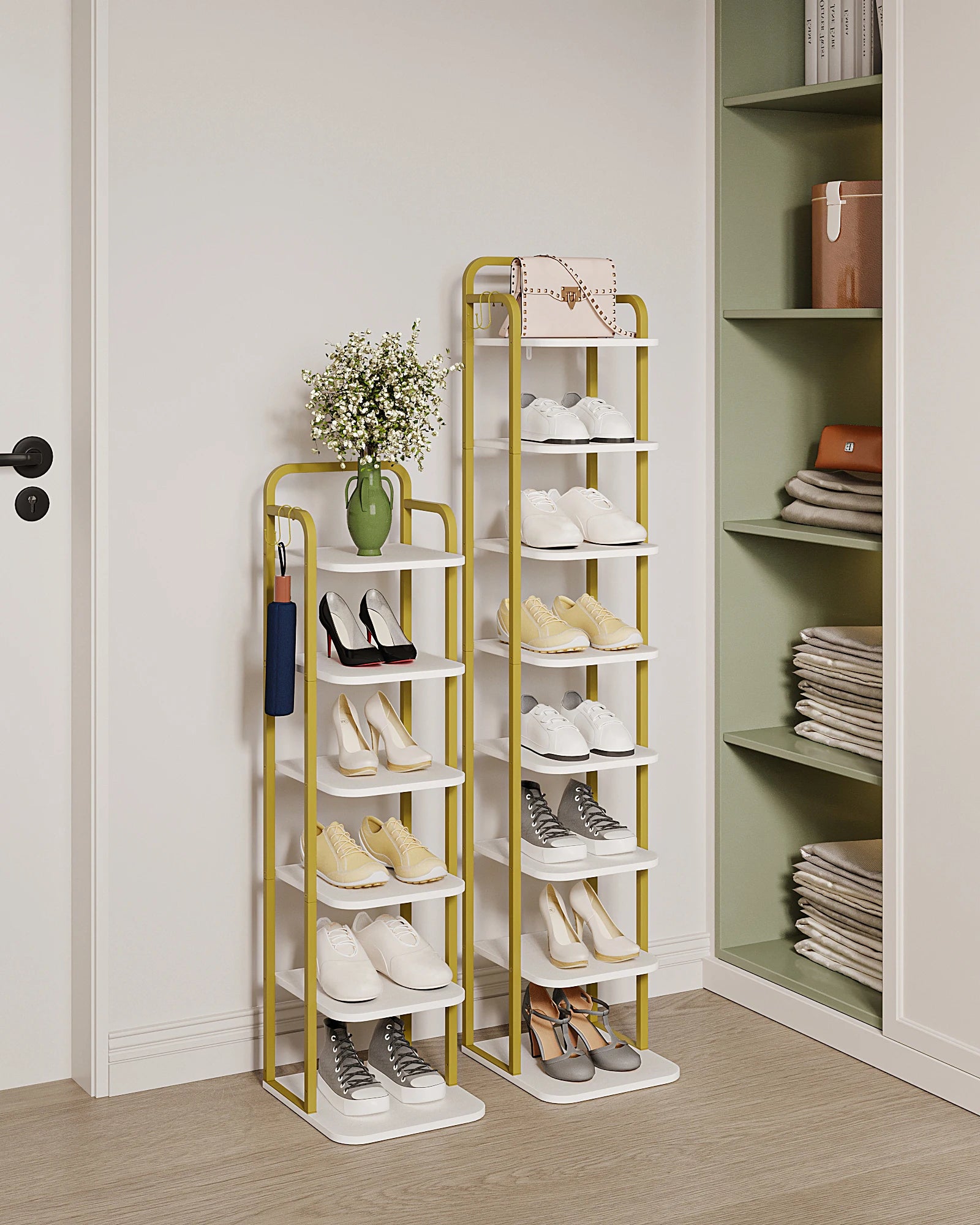 Smalle Schoenenrek 6 Laags – Verticale Schoenenkast voor Kleine Ruimtes – Houten Schoenen Organizer met Haken – Industrieel Design