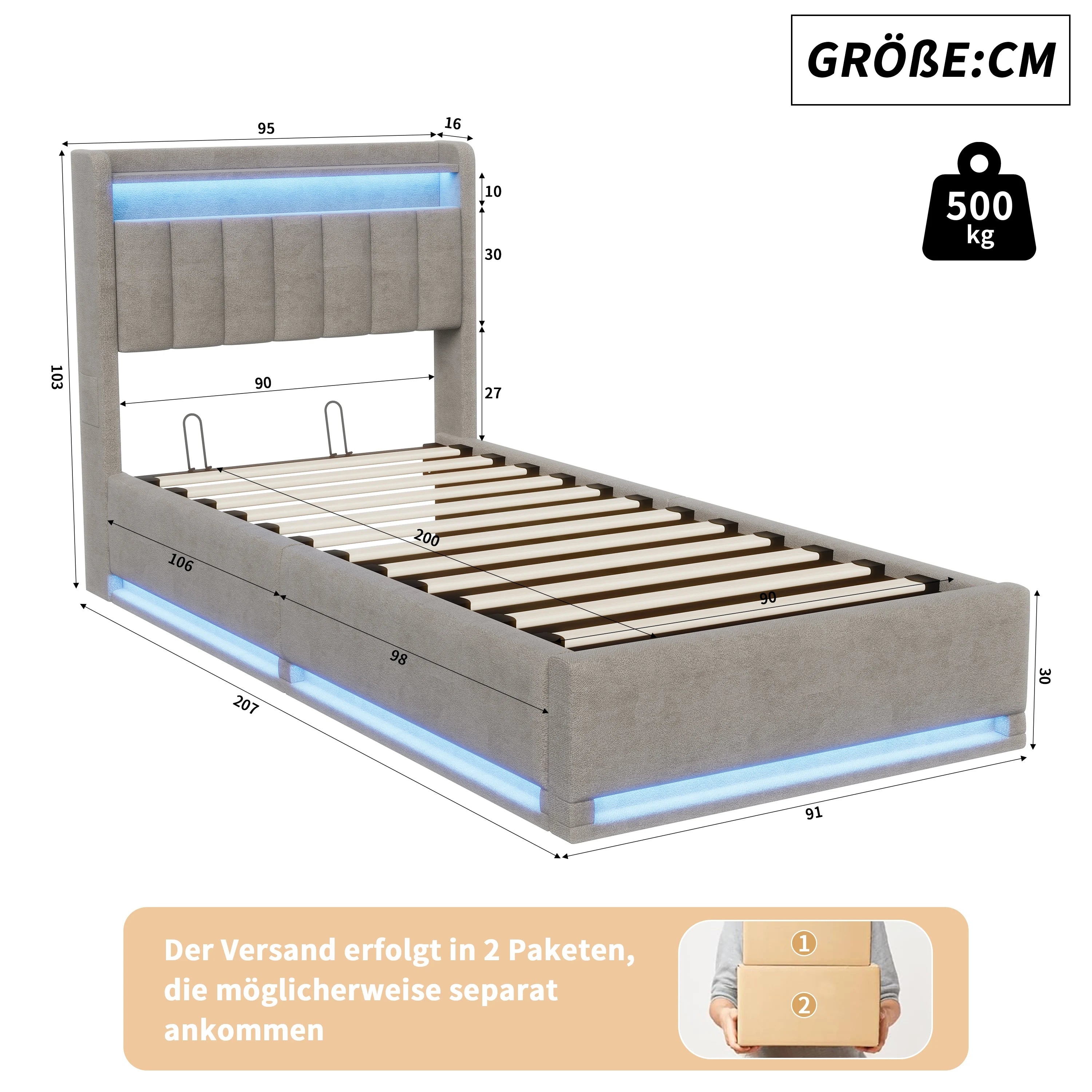 Tweepersoonsbed met geïntegreerde LED‑verlichting, USB‑oplaadfuncties en opbergruimte – Modern en functioneel bedframe