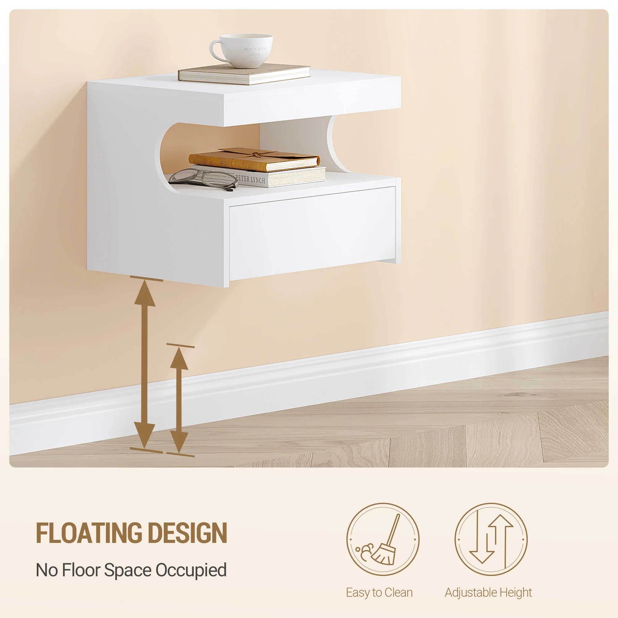 Zwevend Nachtkastje met Lade – Wandplank Bedside Table met Opbergruimte – Modern Minimalistisch Wit Design
