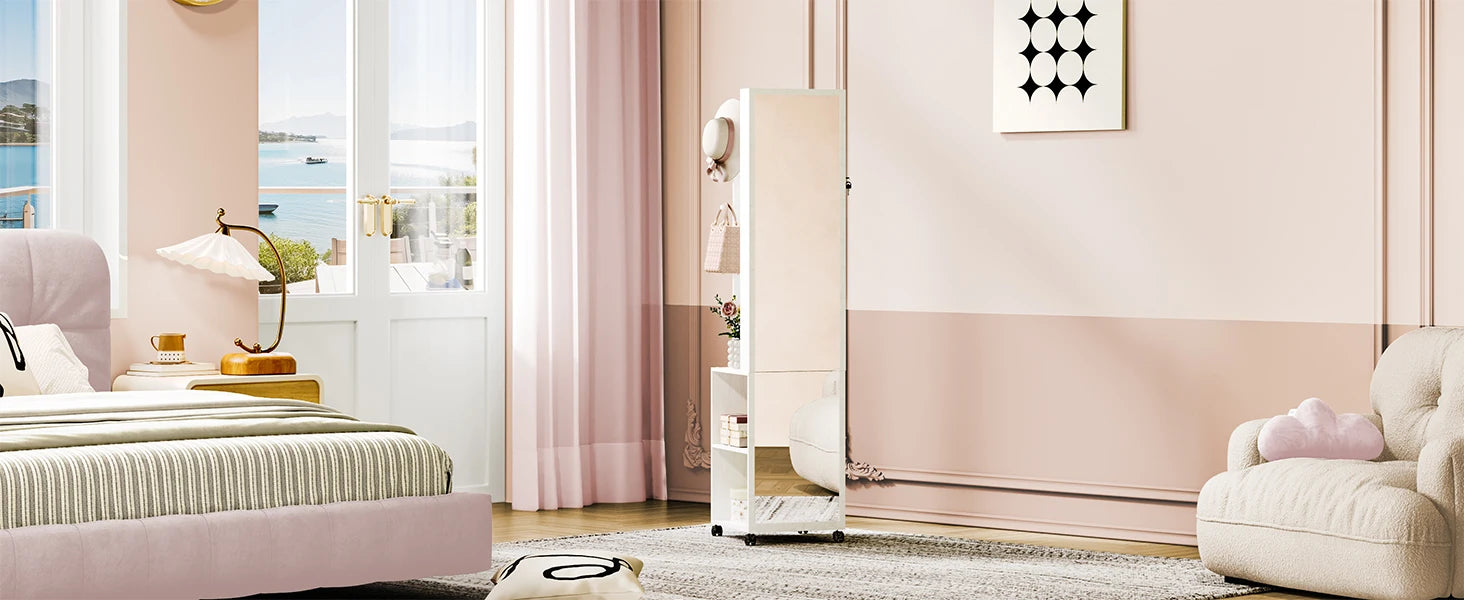 Sieradenkast met Spiegel en LED Verlichting – Staande Sieraden Organizer met Kledingrek, Opbergrek en Wielen