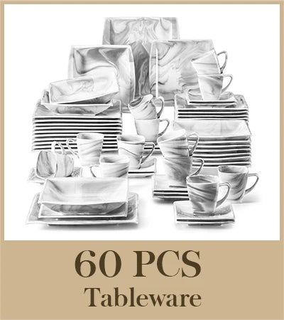 Marmergrijze porseleinen serviesset – servies voor 12 personen met kopjes, schoteltjes, dessertborden, soepborden en dinerborden.