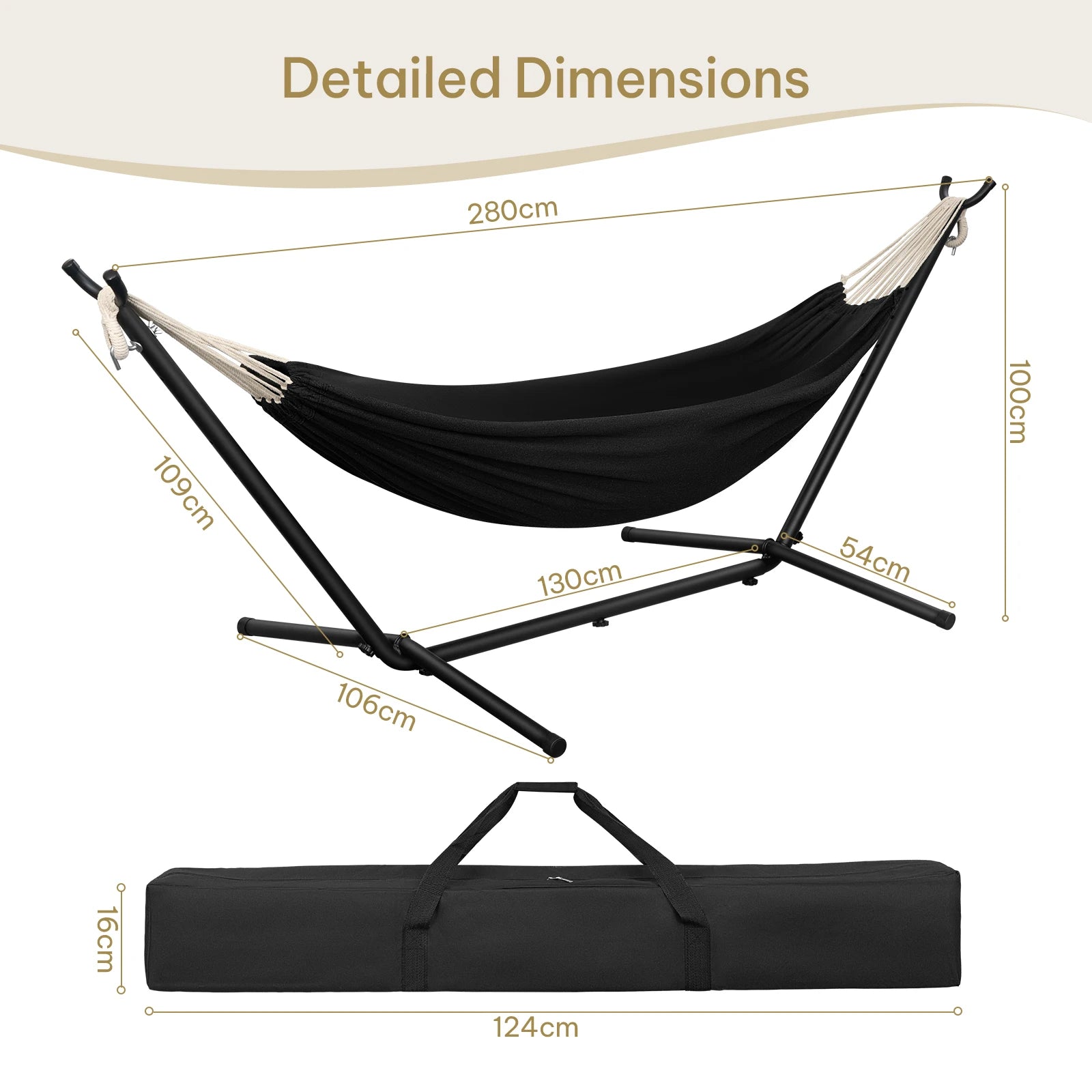 Hangmat met Standaard 280x106x100 cm – Metalen Frame – Inclusief Draagtas – Belastbaar tot 250 kg – Voor Binnen & Buiten