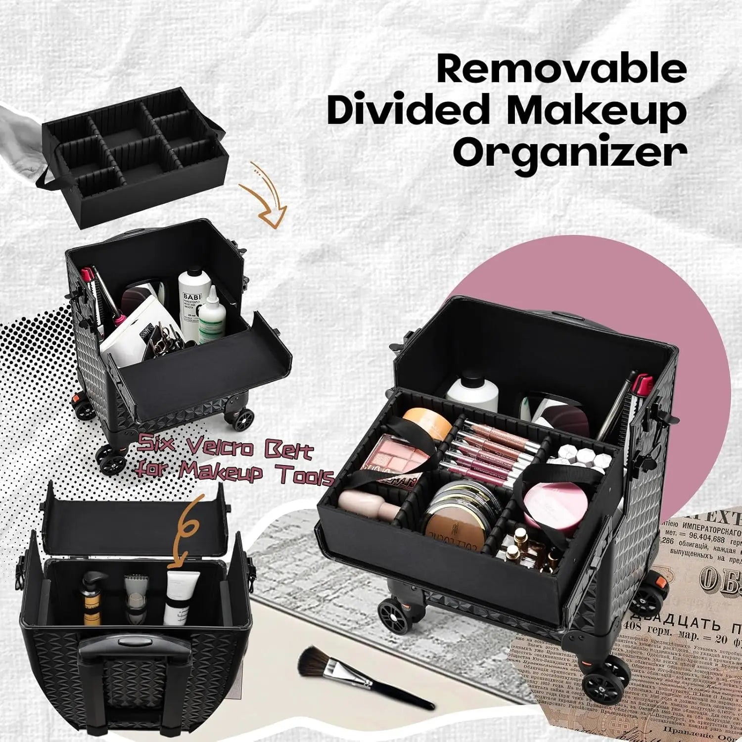 Professionele Make-up Trolley Extra Groot – Rollende Cosmetica Koffer met Wielen en Uittrekbare Handgreep – Organizer voor Visagisten en Thuisgebruik