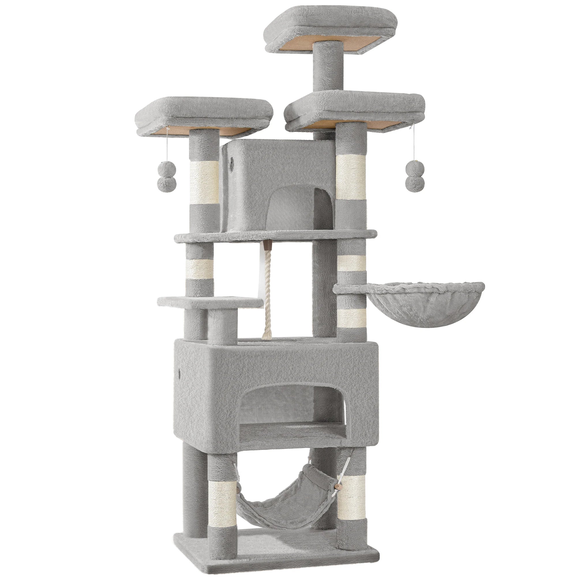 XL Kattenboom 176 cm – Krabpaal met 3 Plateaus, 2 Huisjes & Hangmat – Stevige Kattenkrabpaal voor Meerdere Katten
