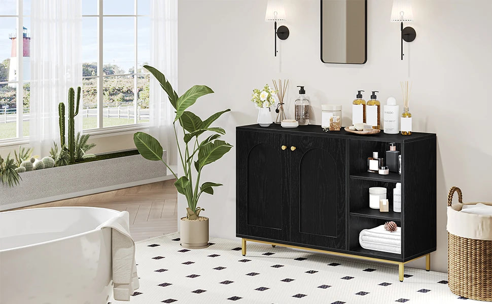 Badkamerkast met Deuren en Open Vakken – Moderne Witte Opbergkast met Verstelbare Plank en Gouden Poten – Multifunctionele Kast voor Badkamer, Woonkamer of Hal