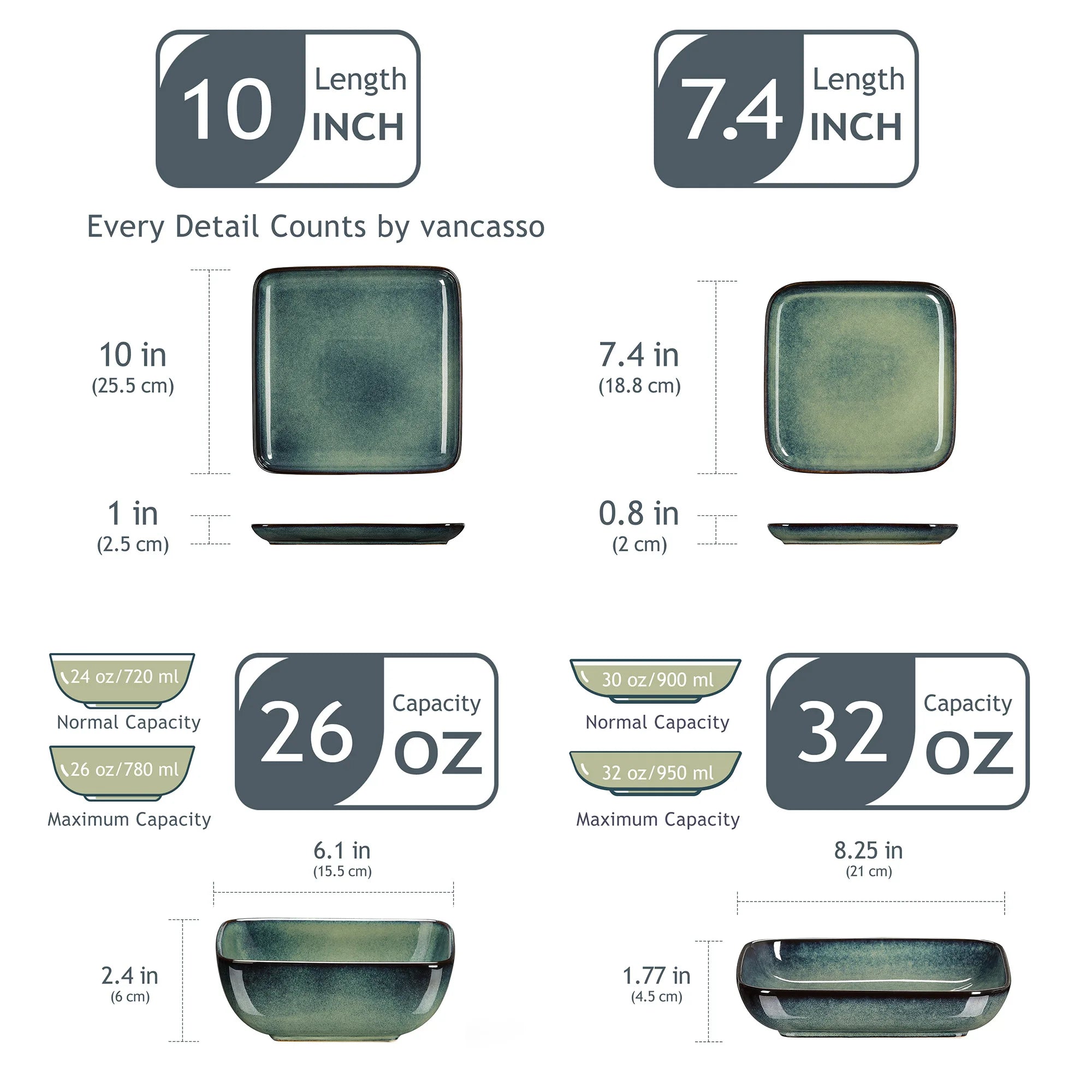 Stern Groen 16-Delige Serviesset – Modern Keramisch Dinnerservies voor 4 Personen – Vierkant Design – Blauw Groen Glazuur – Steengoed Servies