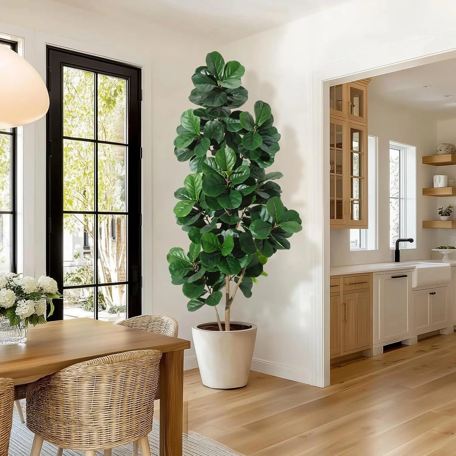 Kunstmatige Ficus Lyrata (Vioolbladplant) 120–210 cm met Witte Pot – Realistische Nep Plant voor Woonkamer & Kantoor