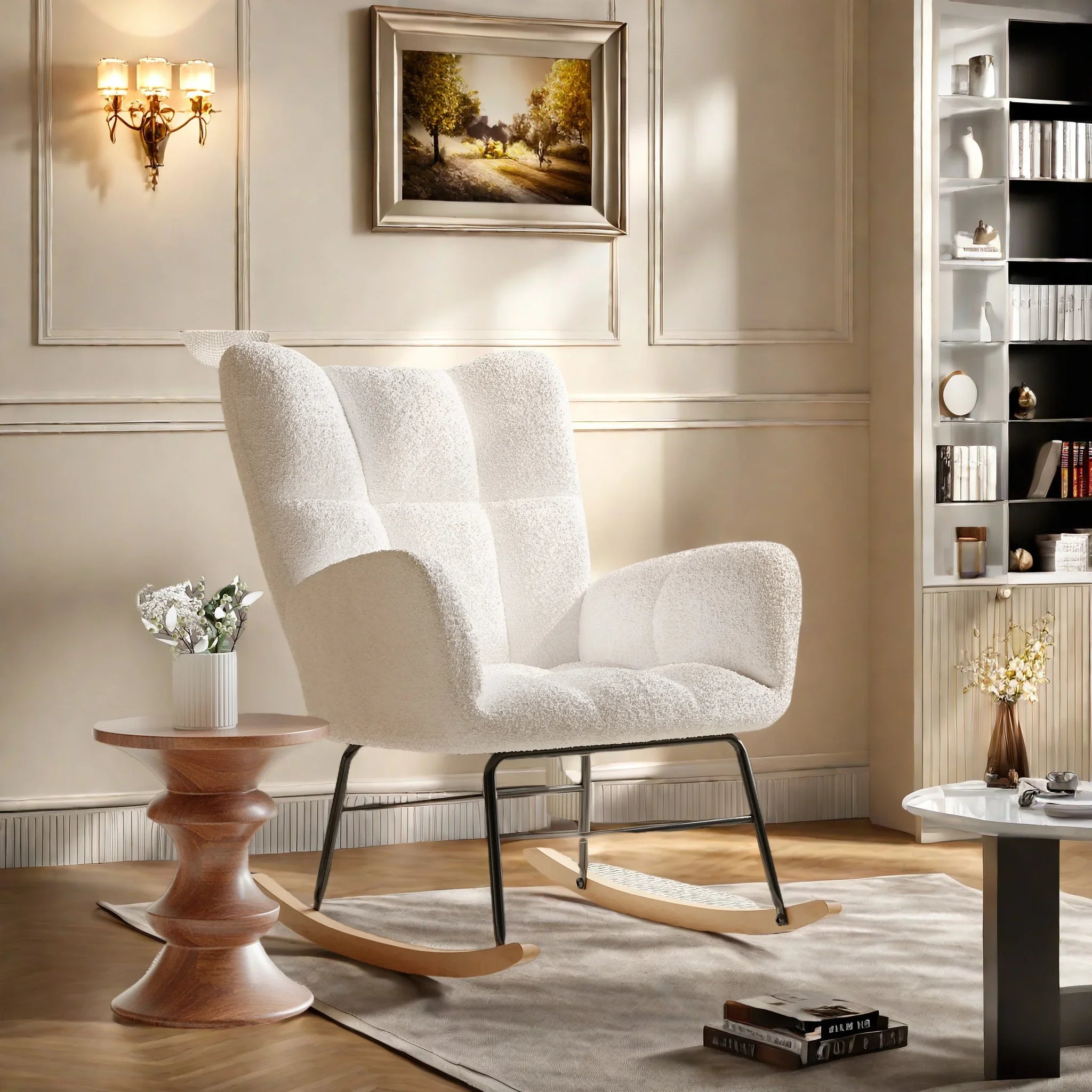 Moderne zachte pluche schommelstoel met armleuningen – comfortabele woonkamer stoel