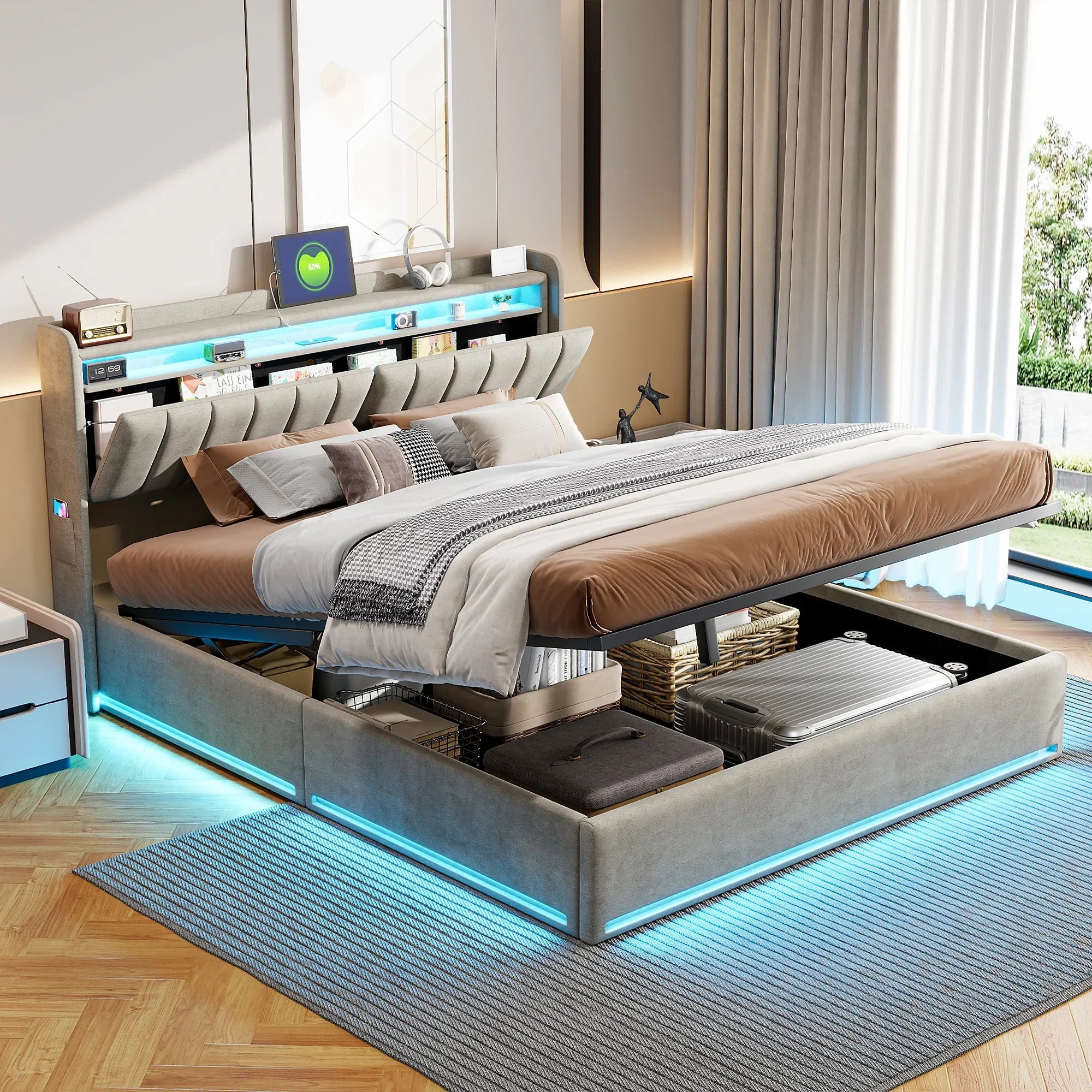 Tweepersoonsbed met geïntegreerde LED‑verlichting, USB‑oplaadfuncties en opbergruimte – Modern en functioneel bedframe