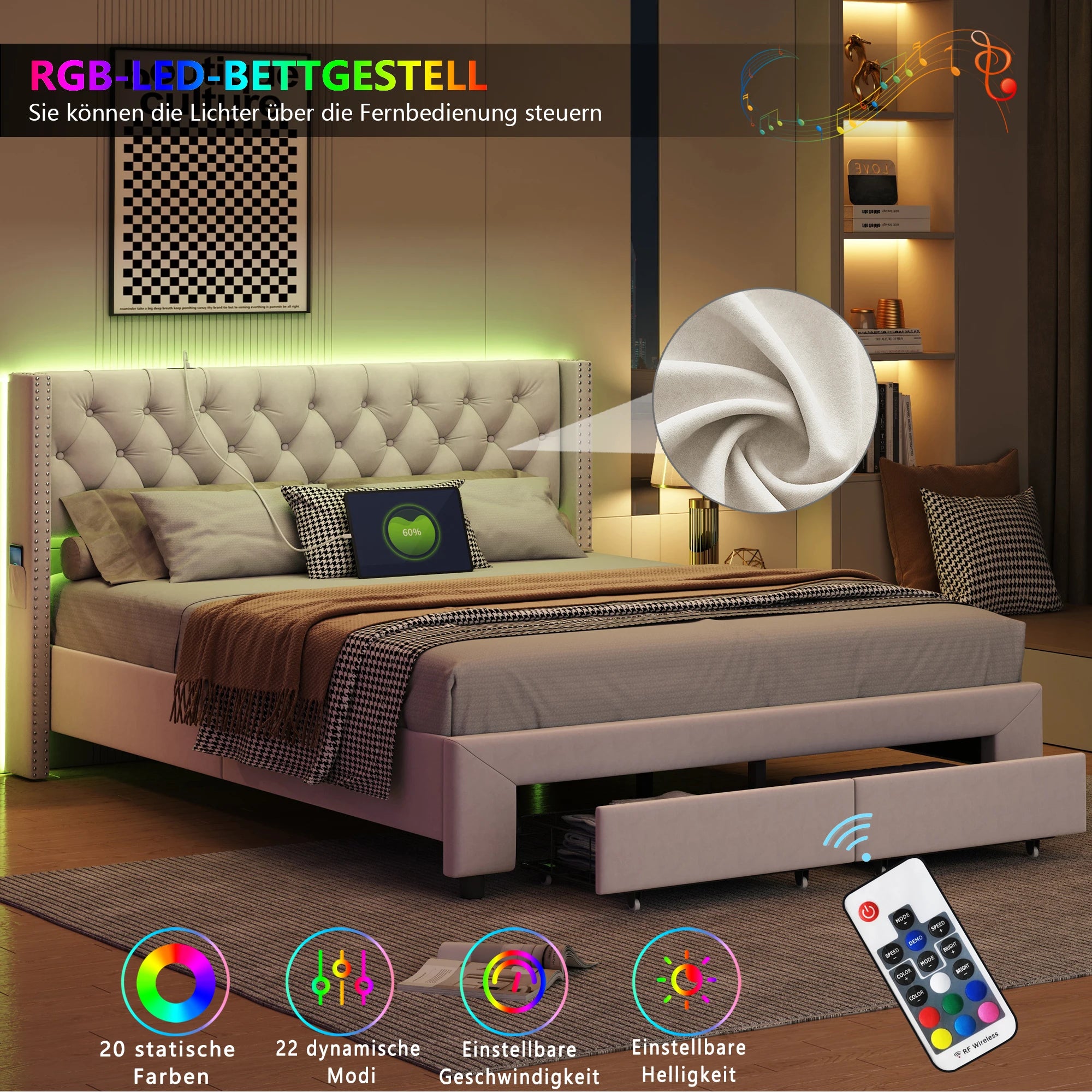 Fluwelen tweepersoonsbed met LED-verlichting, USB-poort en opberglades