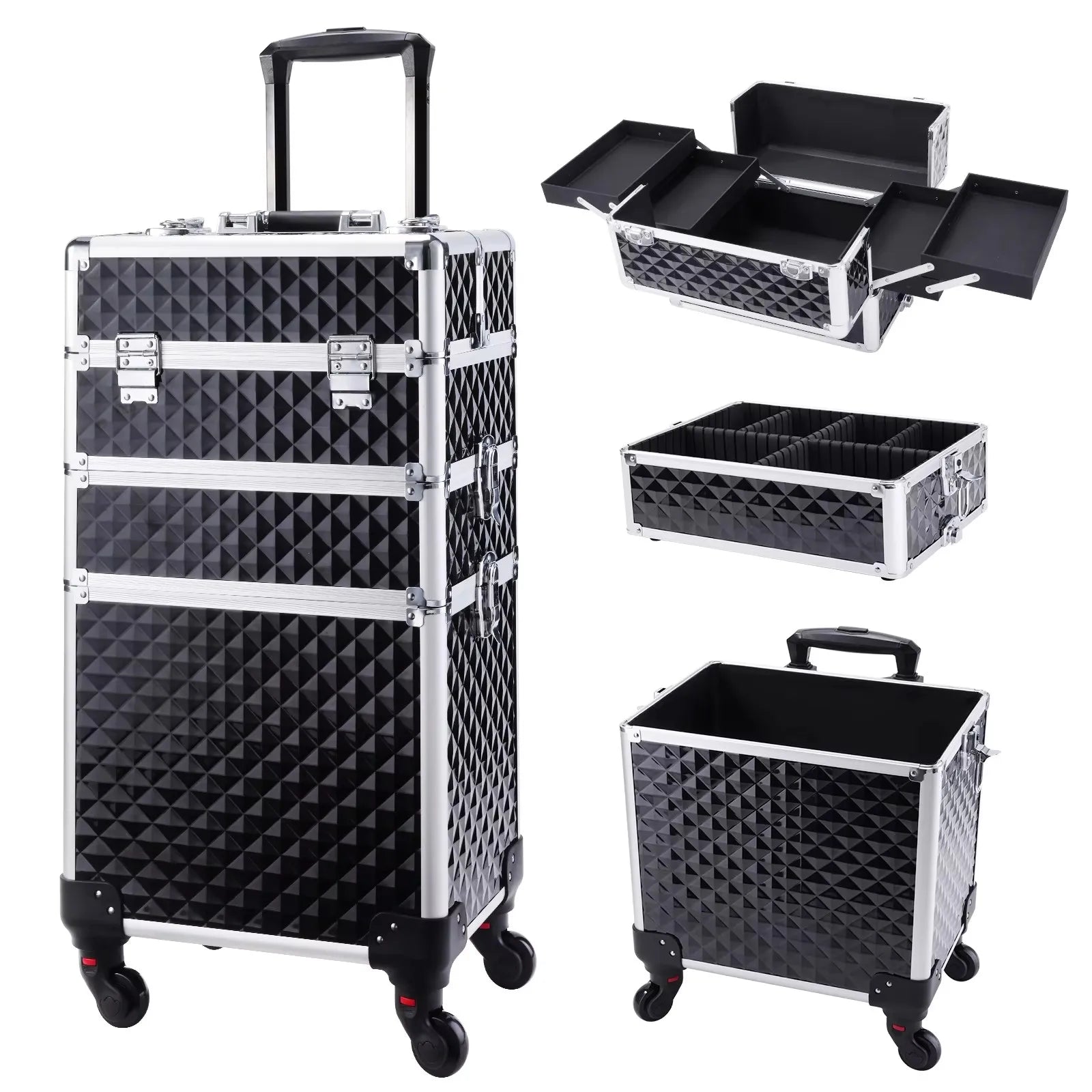 Rollende Make-up Koffer 3-in-1 – Professionele Cosmetica Trolley met Wieltjes, Slot en Afneembare Koffer – Beauty Organizer voor Salon en Reizen
