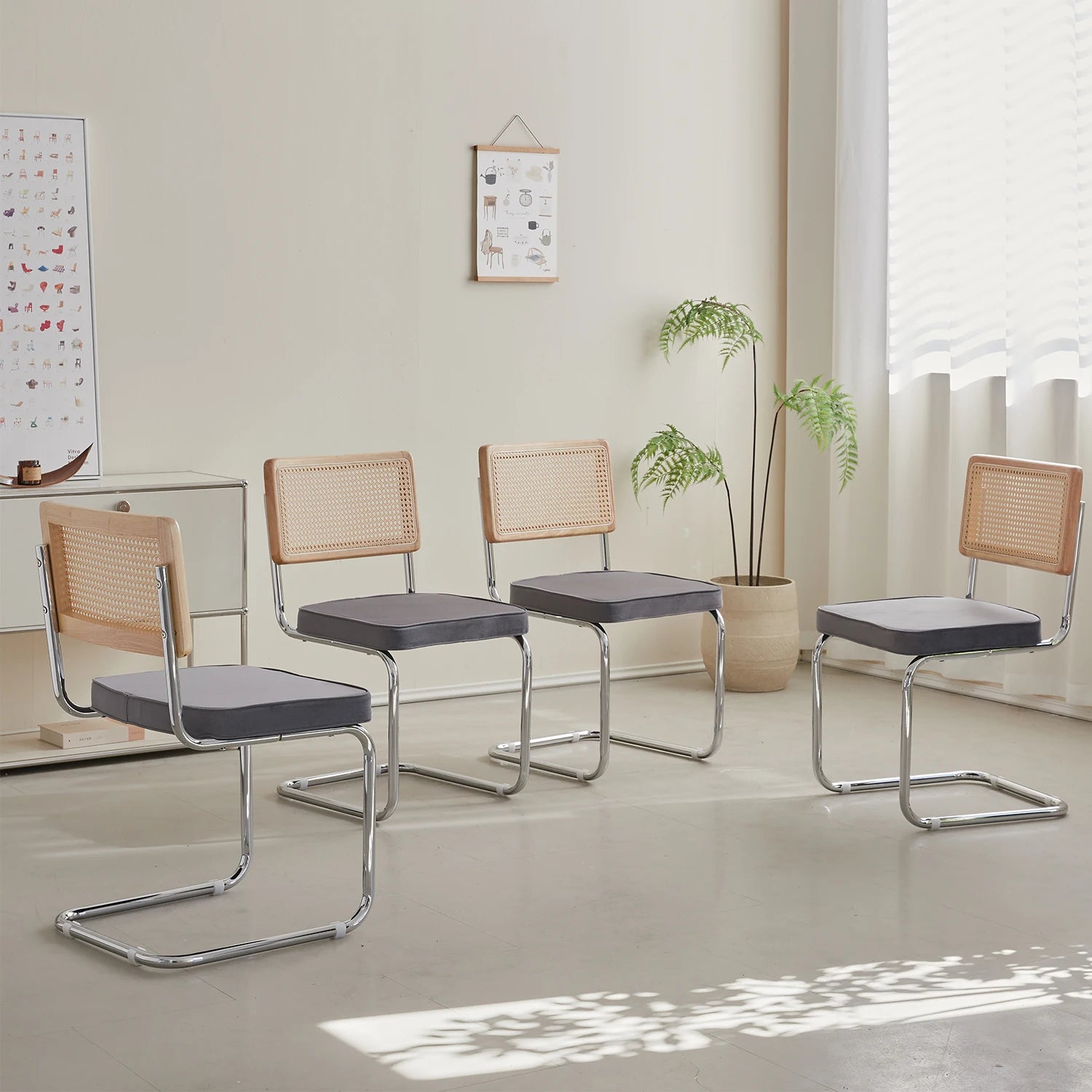 Rotan Eetkamerstoelen Set van 2 of 4 – Retro Design met Velvet Zitting en Metalen Frame