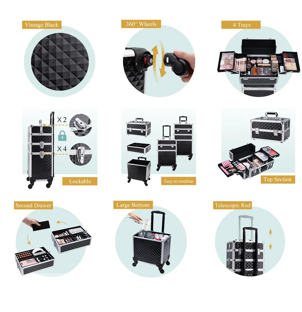 Rollende Make-up Koffer 3-in-1 – Professionele Cosmetica Trolley met Wieltjes, Slot en Afneembare Koffer – Beauty Organizer voor Salon en Reizen
