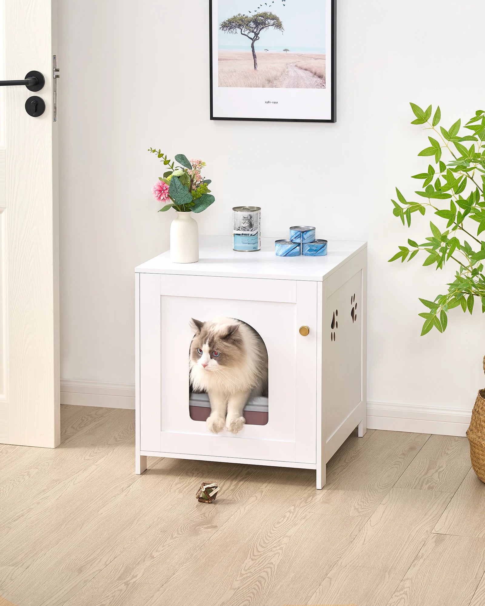 Verborgen kattenbakmeubel – Luxe houten kattenhuis met zijtafelfunctie