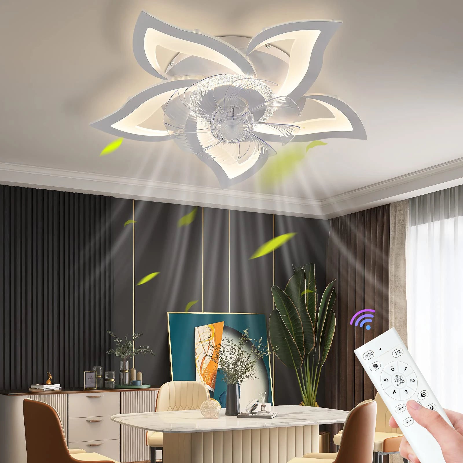 Moderne LED Plafondlamp met Ventilator en Afstandsbediening – Dimbare Lotus Plafondlamp met App voor Woonkamer, Slaapkamer & Keuken