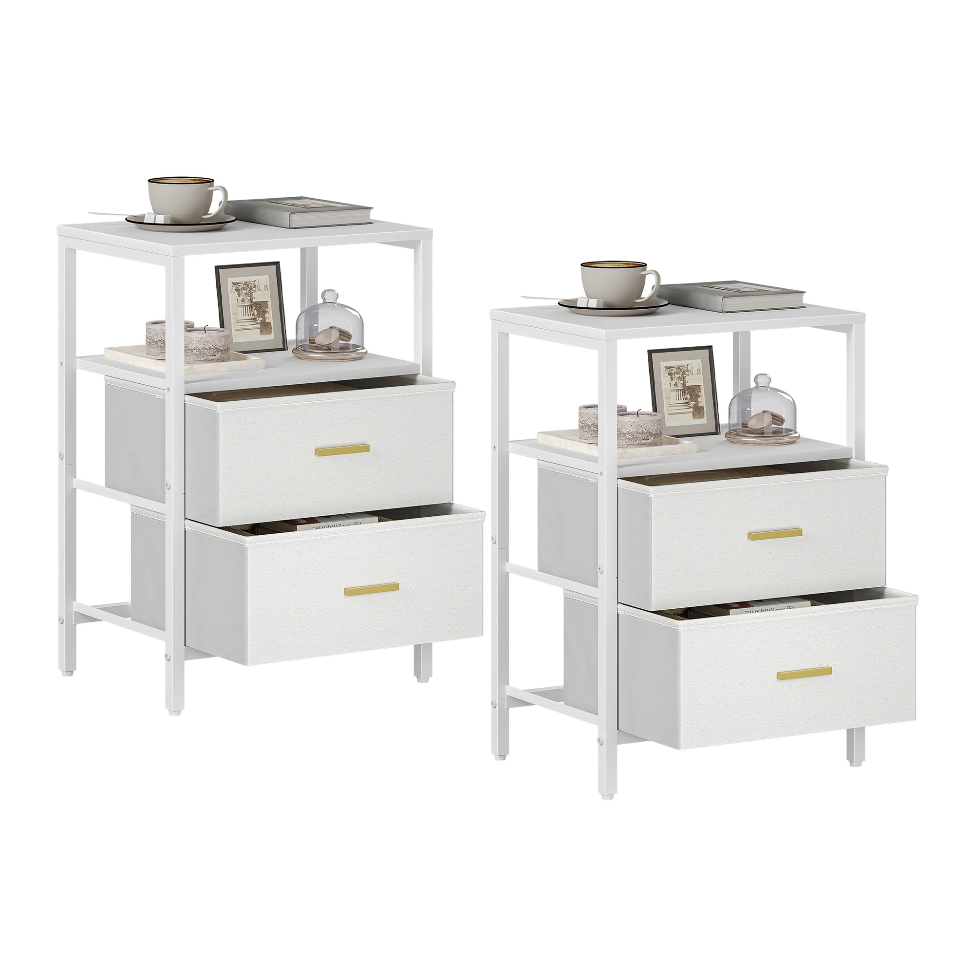 Bedside Table set van 2 – Moderne Nachtkastjes met 2 Laden en Open Vak – Wit