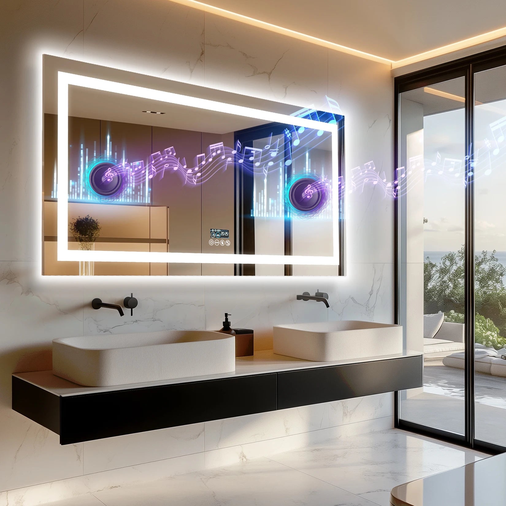 LED Badkamerspiegel met Bluetooth Speaker, Dimbare Verlichting, Anti-Condens & Display – Moderne Badkamerspiegel met Verlichting