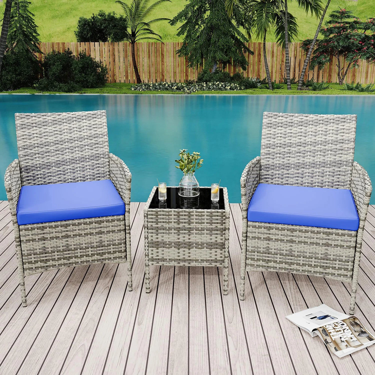3-Delige Rotan Bistroset met Kussens – 2 Tuinstoelen & Glazen Salontafel – Tuinset voor Tuin, Terras & Veranda