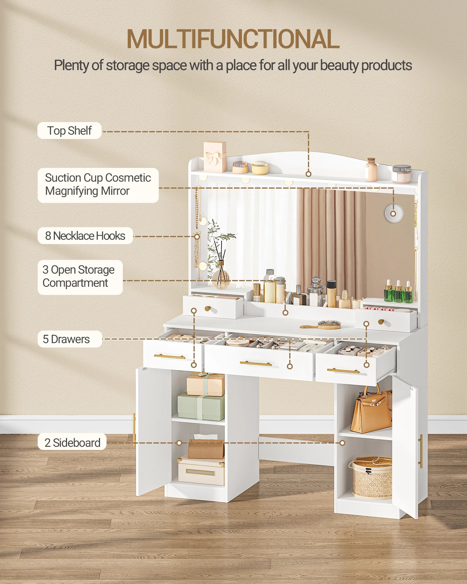 Moderne Kaptafel met LED‑Spiegel, 3 Kleuren LED‑Licht, 5 Laden en Opbergkast – Wit