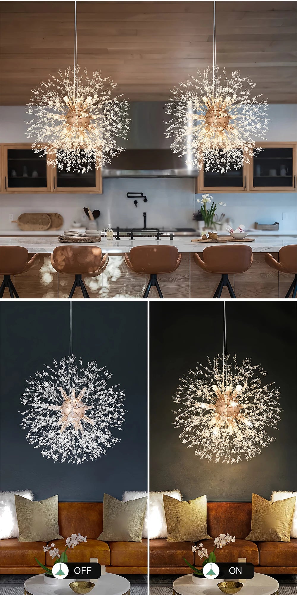 Moderne LED Hanglamp Paardenbloem Kristal – Luxe Kroonluchter Design (Goud/Zilver)