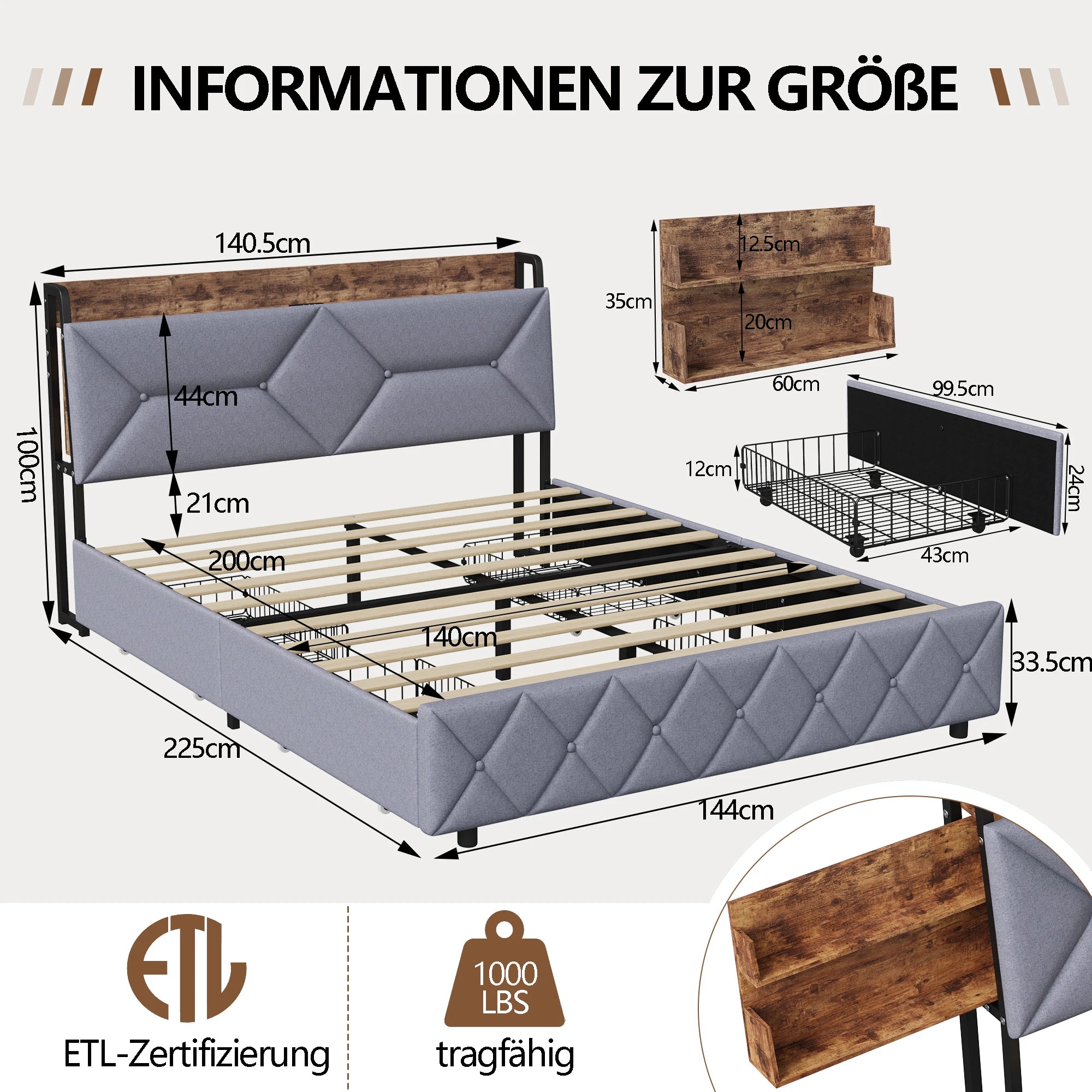 Gestoffeerd tweepersoonsbed met LED‑verlichting, USB‑oplaadfunctie en 4 lades – ideaal voor moderne slaapkamers