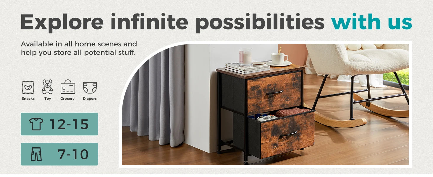 Multifunctioneel Nachtkastje met 2 Stoffen Lades – Modern Bijzettafel voor Slaapkamer en Woonkamer