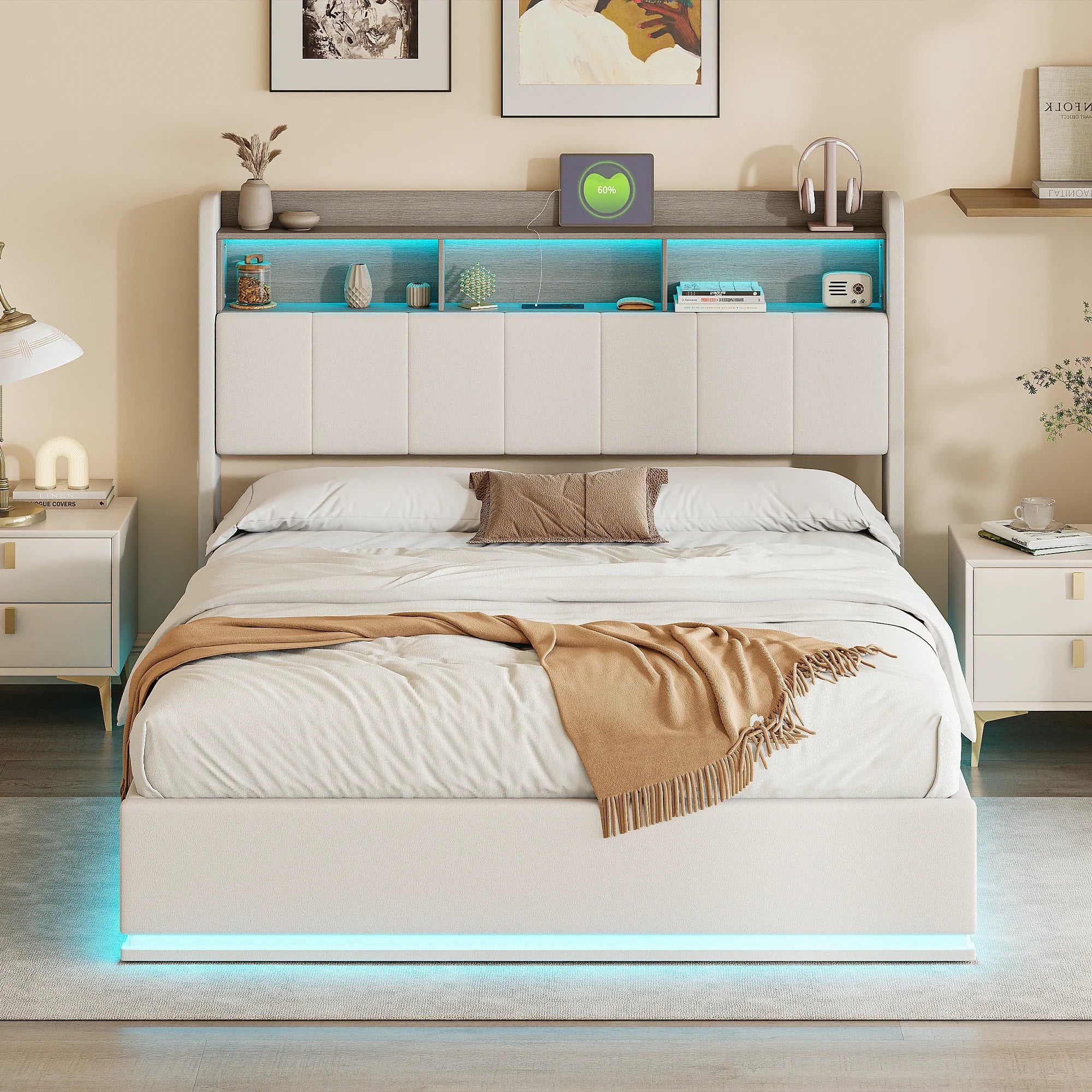 Gestoffeerd bed 140x200 cm met LED verlichting en opbergruimte