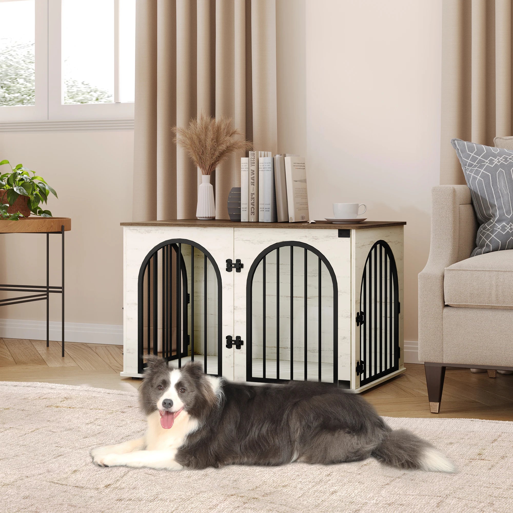 Houten Hondenbench Meubel 100 cm – Luxe Design Hondenkooi met 3 Deuren – Stevige Dog Crate voor Binnen – Bijzettafel & TV Meubel