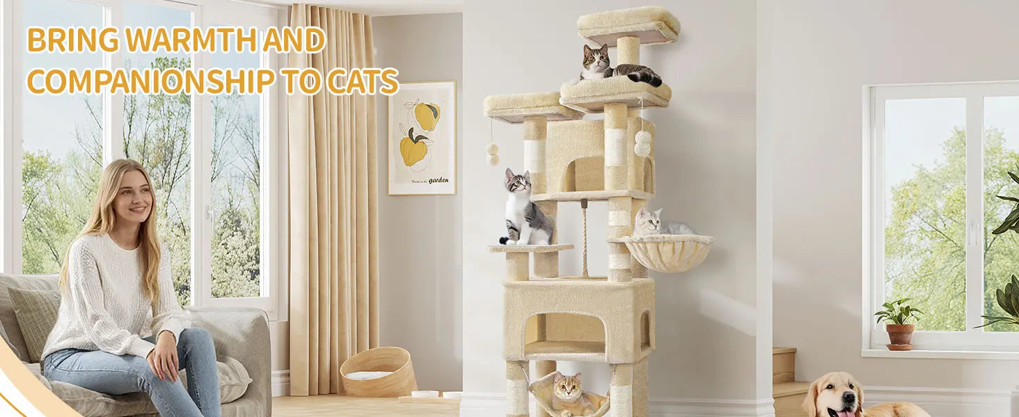 XL Kattenboom 176 cm – Krabpaal met 3 Plateaus, 2 Huisjes & Hangmat – Stevige Kattenkrabpaal voor Meerdere Katten