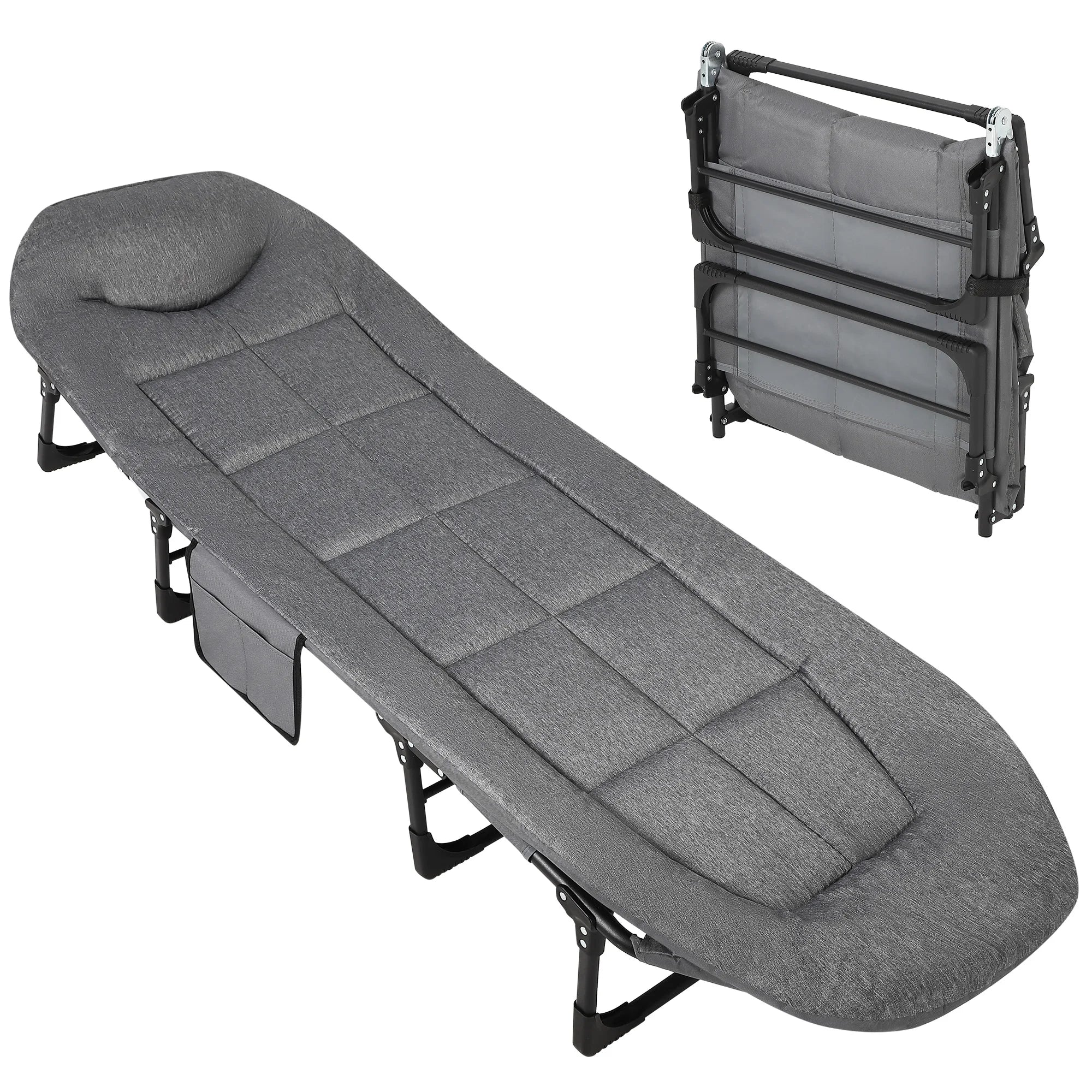 Draagbaar Campingbed met Matras en Kussen – Opvouwbaar Ligbed met Verstelbare Rugleuning en Zijvak